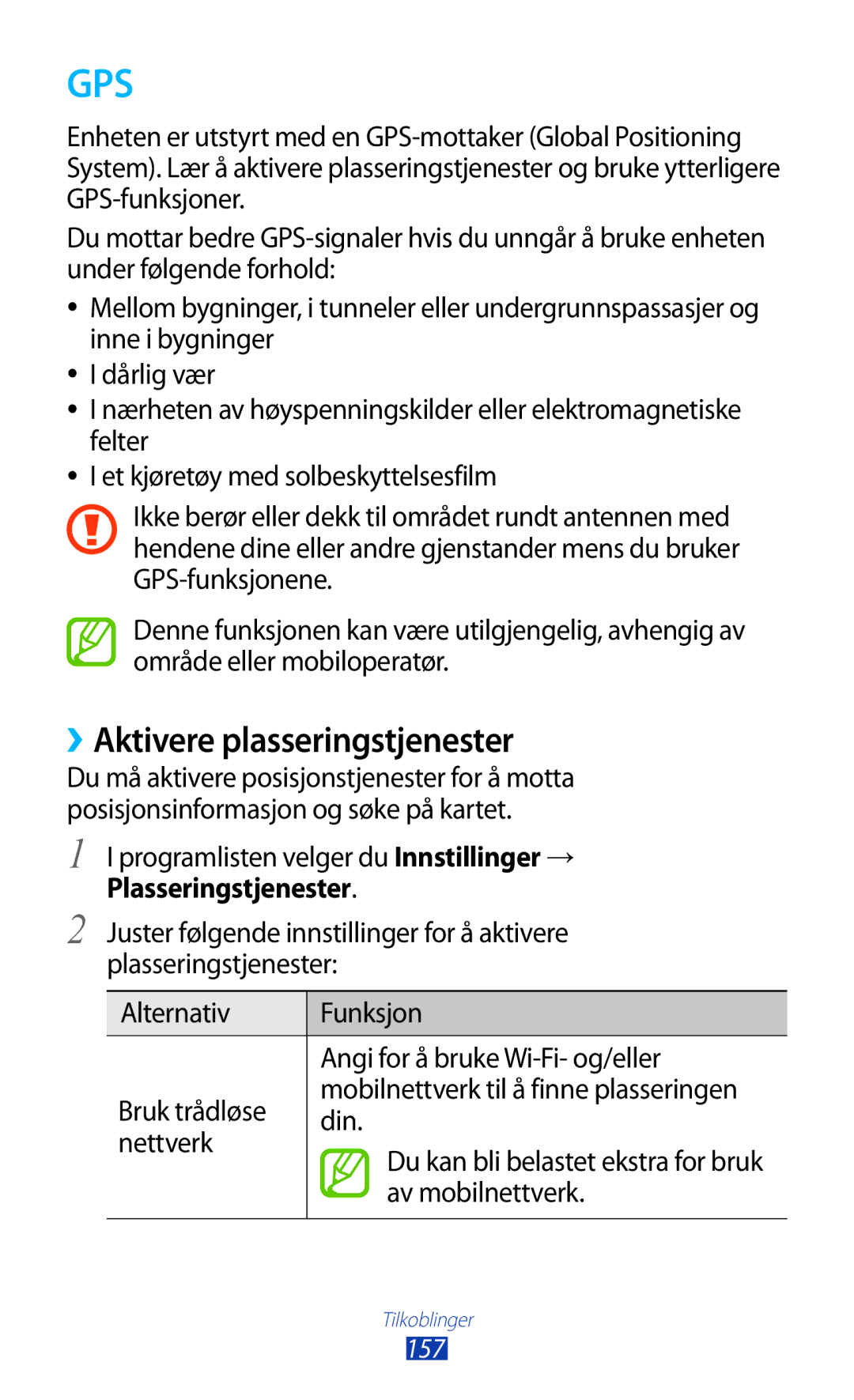 Samsung GT-N7000ZBANEE ››Aktivere plasseringstjenester, Programlisten velger du Innstillinger →, Plasseringstjenester 