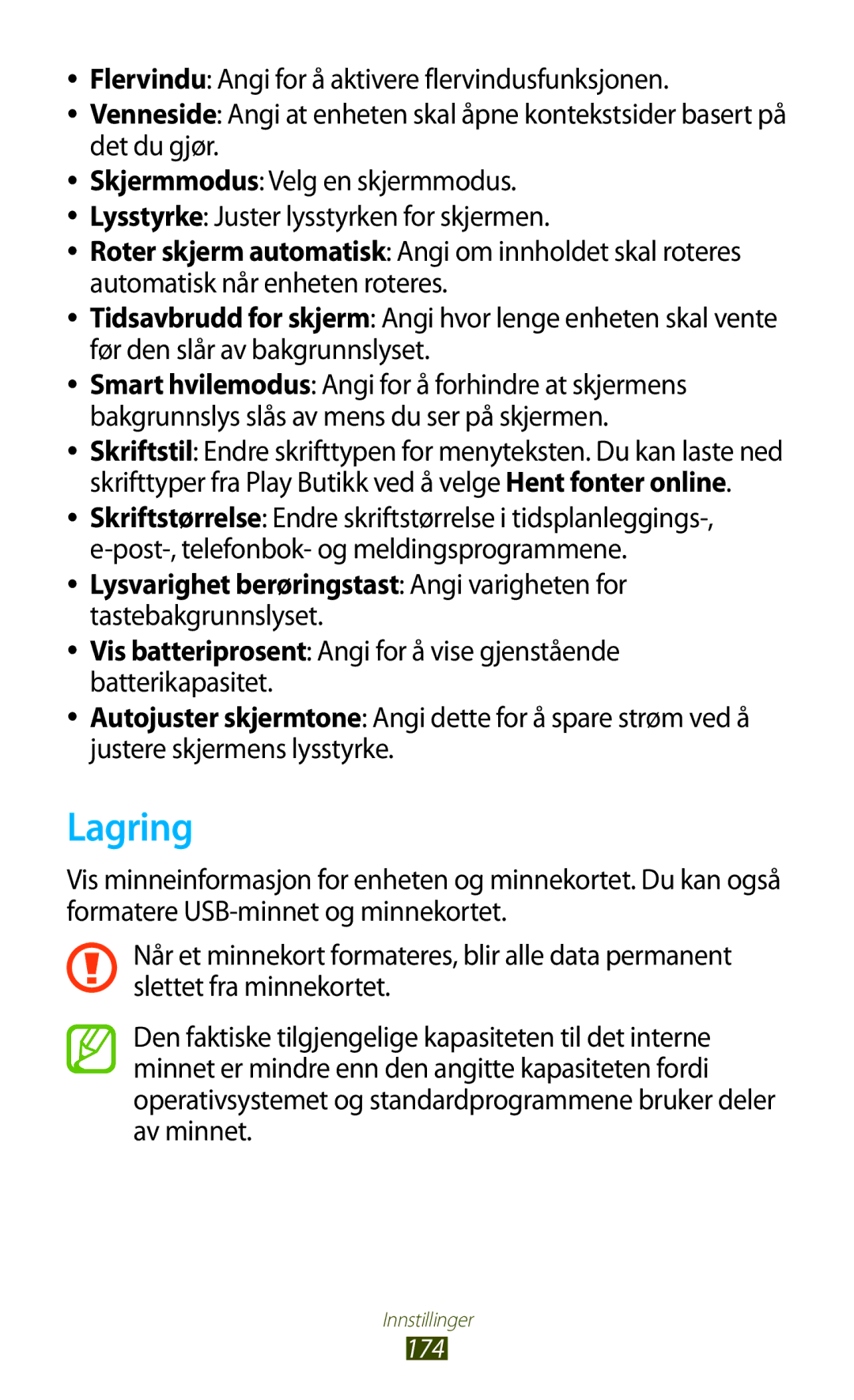 Samsung GT-N7000ZIANEE, GT-N7000ZBENEE manual Lagring, Lysvarighet berøringstast Angi varigheten for, Tastebakgrunnslyset 