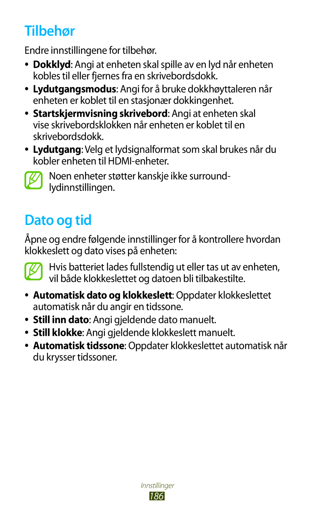 Samsung GT-N7000ZIANEE, GT-N7000ZBENEE, GT-N7000ZBANEE manual Tilbehør, Dato og tid, Endre innstillingene for tilbehør 