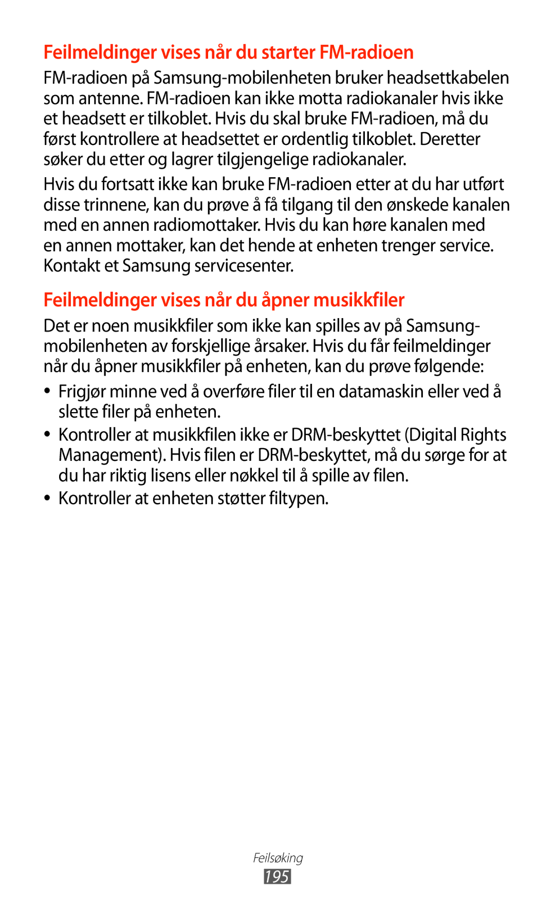 Samsung GT-N7000RWANEE manual Feilmeldinger vises når du starter FM-radioen, Kontroller at enheten støtter filtypen 