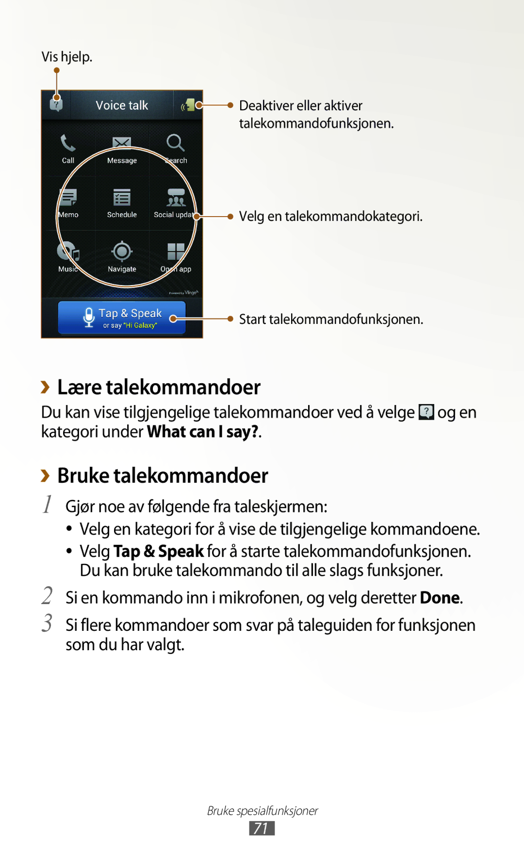 Samsung GT-N7000RWANEE manual ››Lære talekommandoer, ››Bruke talekommandoer, Gjør noe av følgende fra taleskjermen 