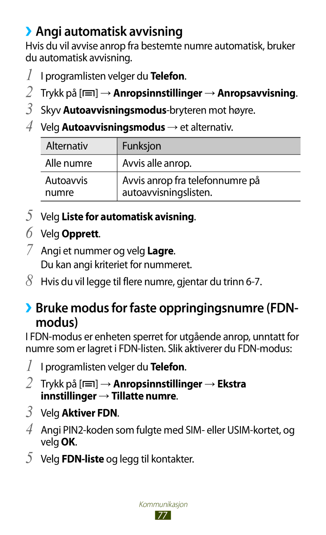 Samsung GT-N7000ZBANEE, GT-N7000ZBENEE ››Angi automatisk avvisning, ››Bruke modus for faste oppringingsnumre FDN- modus 