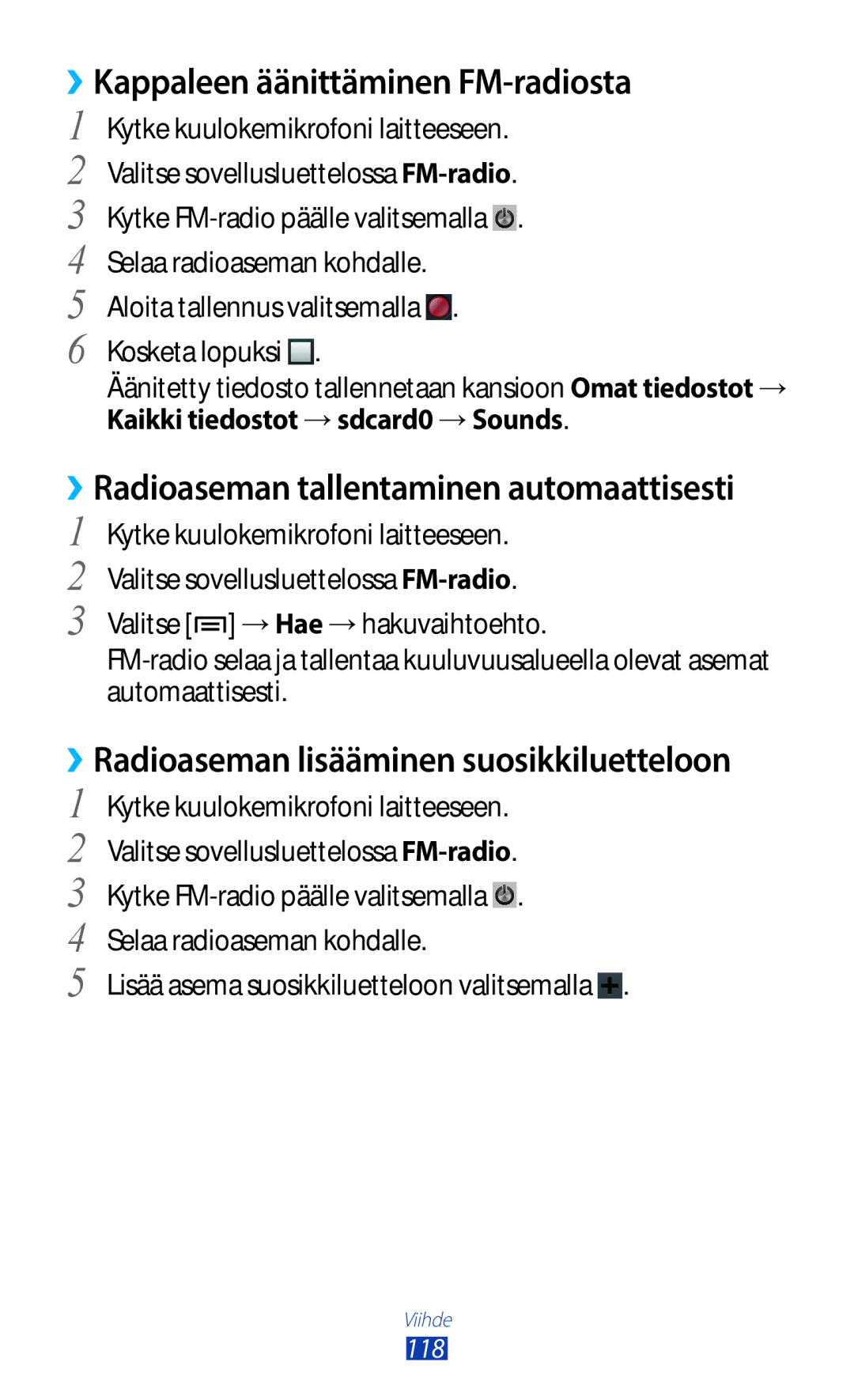 Samsung GT-N7000ZIANEE, GT-N7000ZBENEE manual ››Kappaleen äänittäminen FM-radiosta, Kaikki tiedostot →sdcard0 →Sounds 