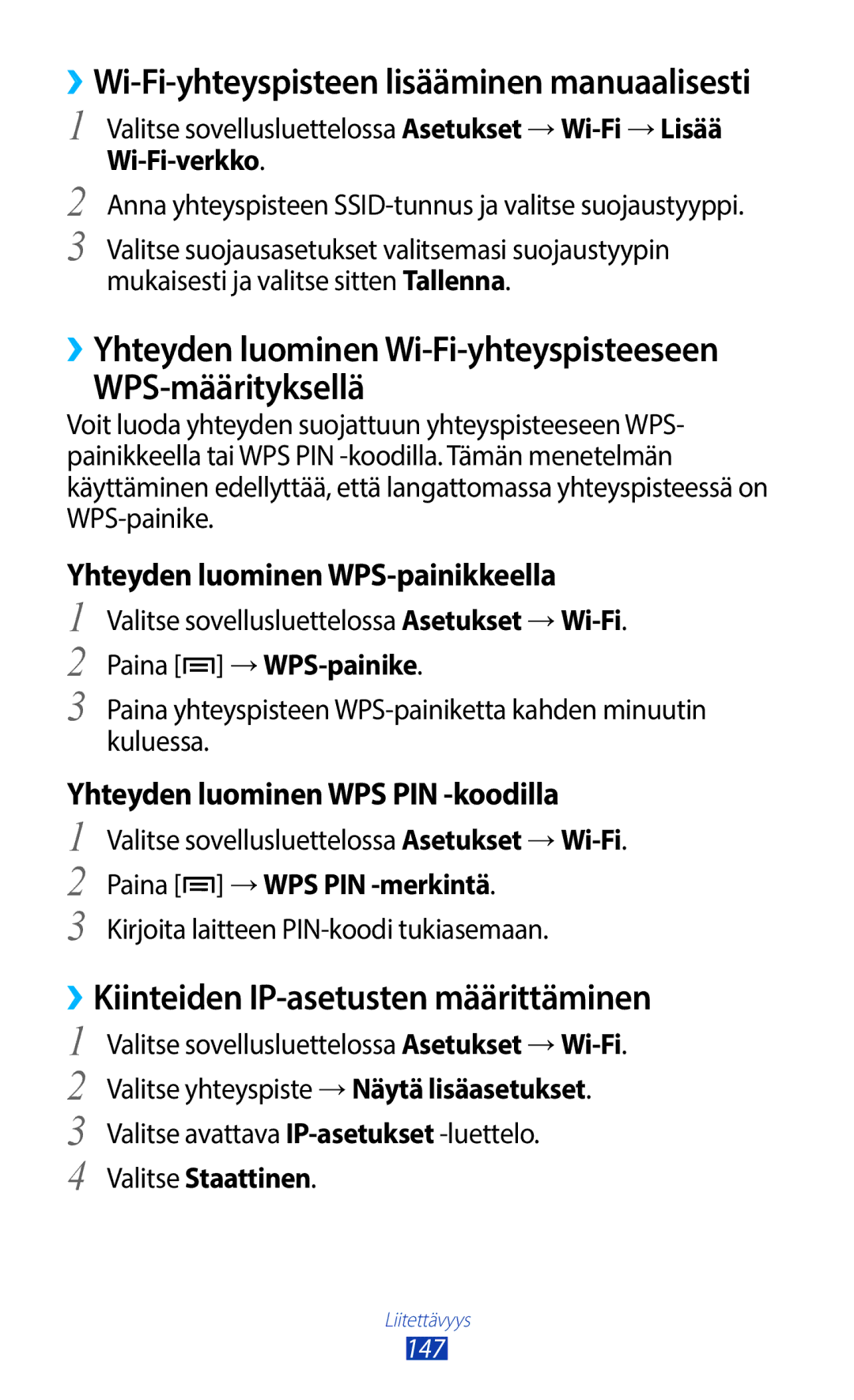 Samsung GT-N7000RWANEE WPS-määrityksellä, ››Kiinteiden IP-asetusten määrittäminen, Yhteyden luominen WPS-painikkeella 