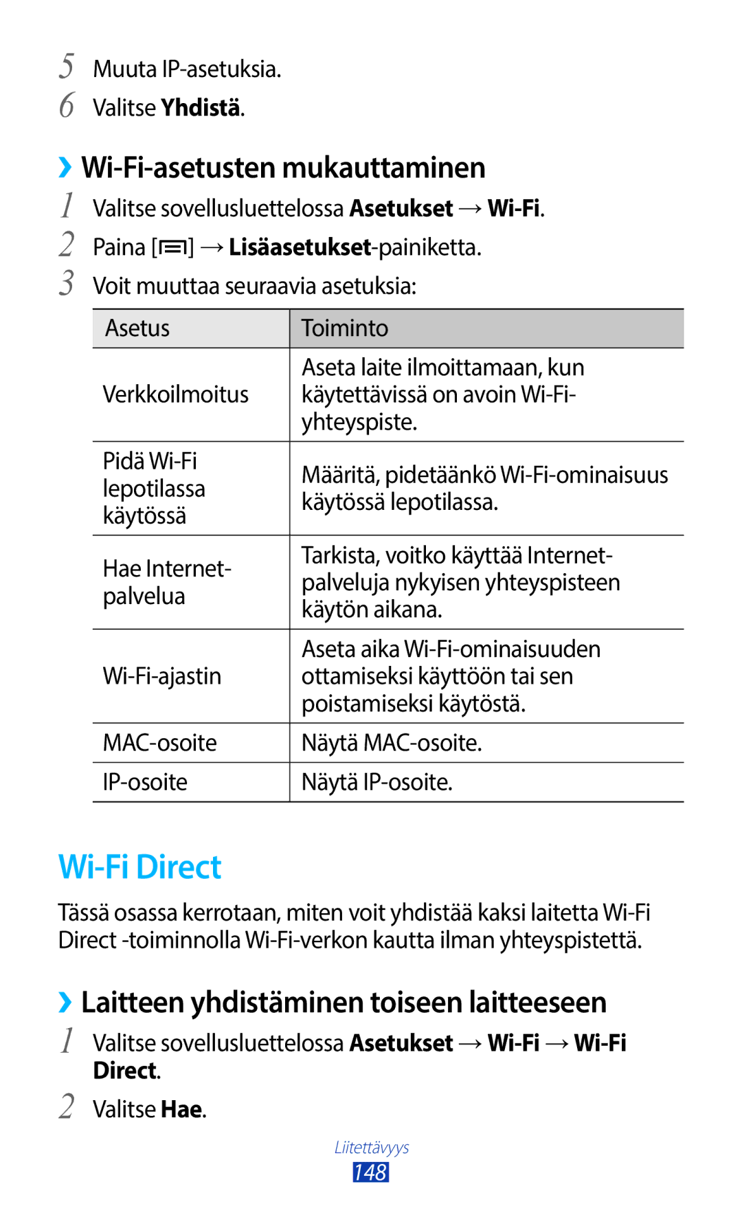 Samsung GT-N7000ZBENEE manual Wi-Fi Direct, ››Wi-Fi-asetusten mukauttaminen, ››Laitteen yhdistäminen toiseen laitteeseen 