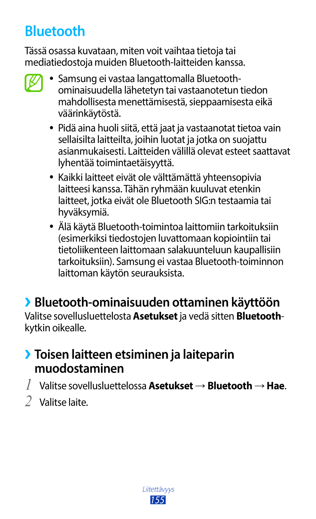 Samsung GT-N7000RWANEE, GT-N7000ZBENEE, GT-N7000ZBANEE Bluetooth, ››Toisen laitteen etsiminen ja laiteparin muodostaminen 