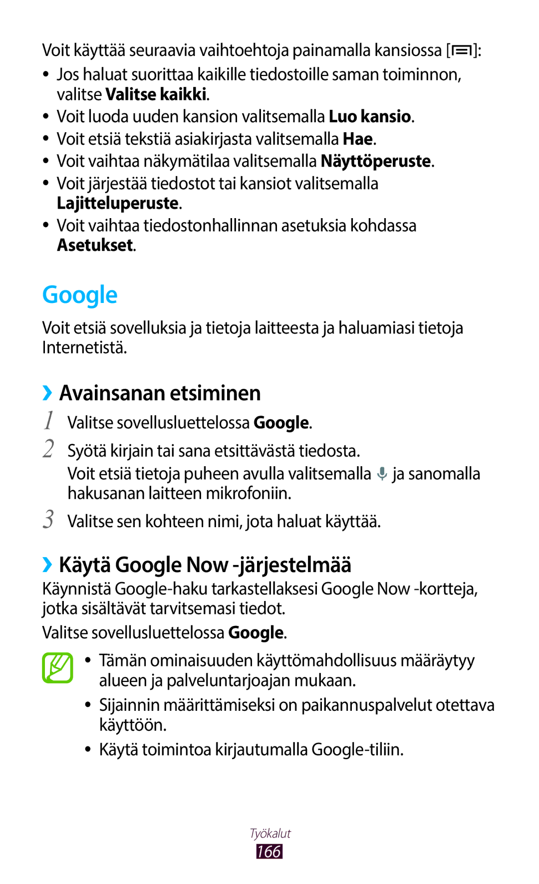 Samsung GT-N7000ZIANEE, GT-N7000ZBENEE manual ››Avainsanan etsiminen, ››Käytä Google Now -järjestelmää, Lajitteluperuste 