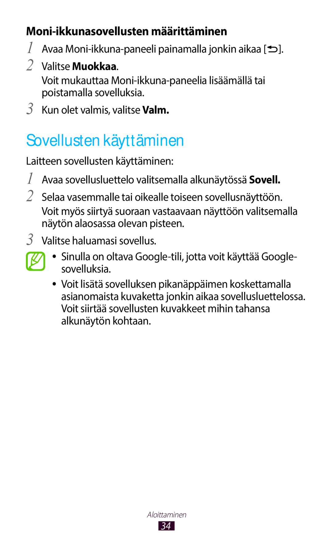 Samsung GT-N7000ZIANEE, GT-N7000ZBENEE, GT-N7000ZBANEE manual Sovellusten käyttäminen, Moni-ikkunasovellusten määrittäminen 