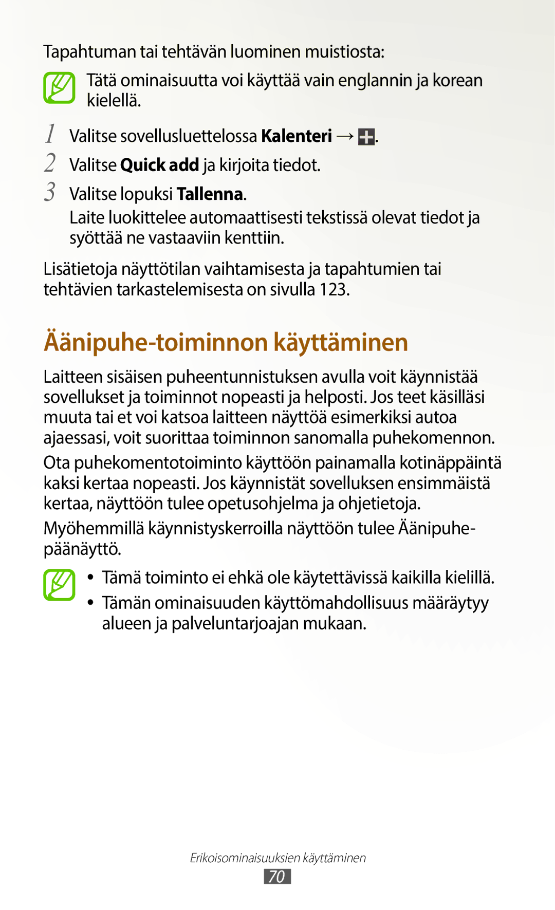 Samsung GT-N7000ZIANEE, GT-N7000ZBENEE, GT-N7000ZBANEE, GT-N7000RWANEE manual Äänipuhe-toiminnon käyttäminen 