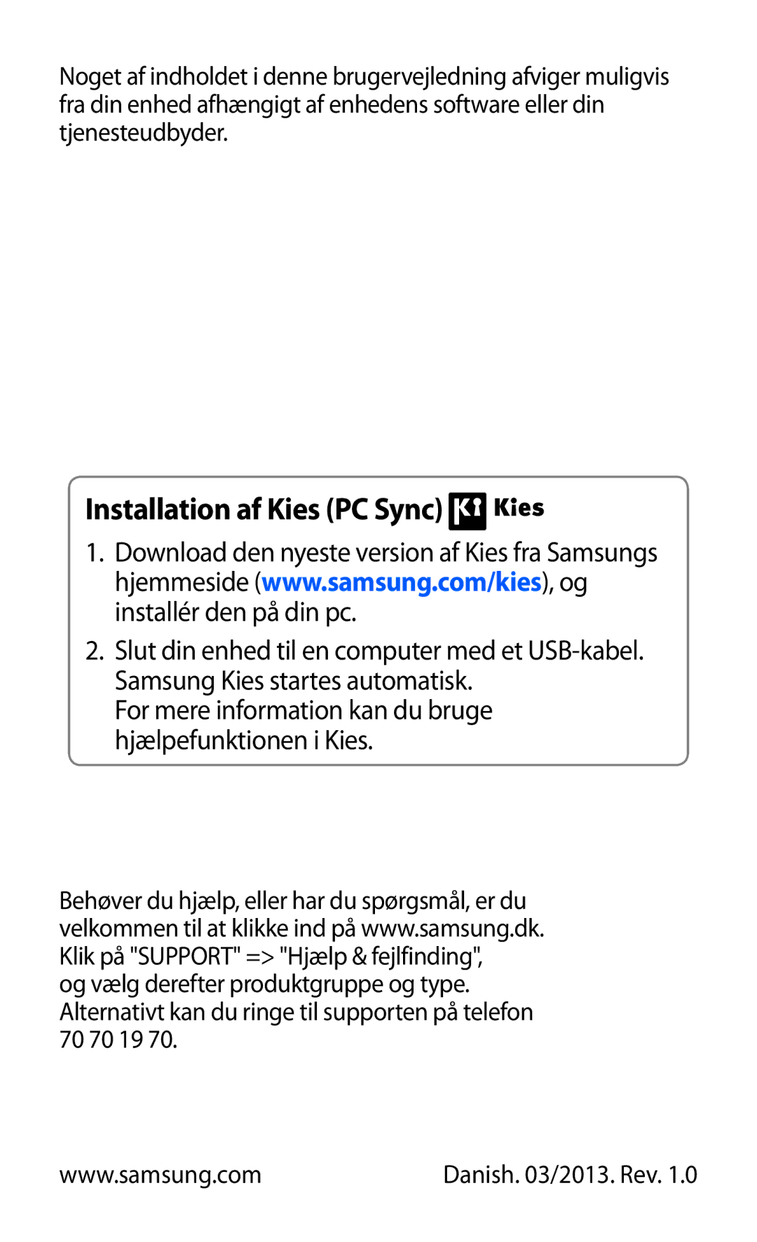 Samsung GT-N7000ZBANEE, GT-N7000ZBENEE, GT-N7000ZIANEE, GT-N7000RWANEE manual Installation af Kies PC Sync 