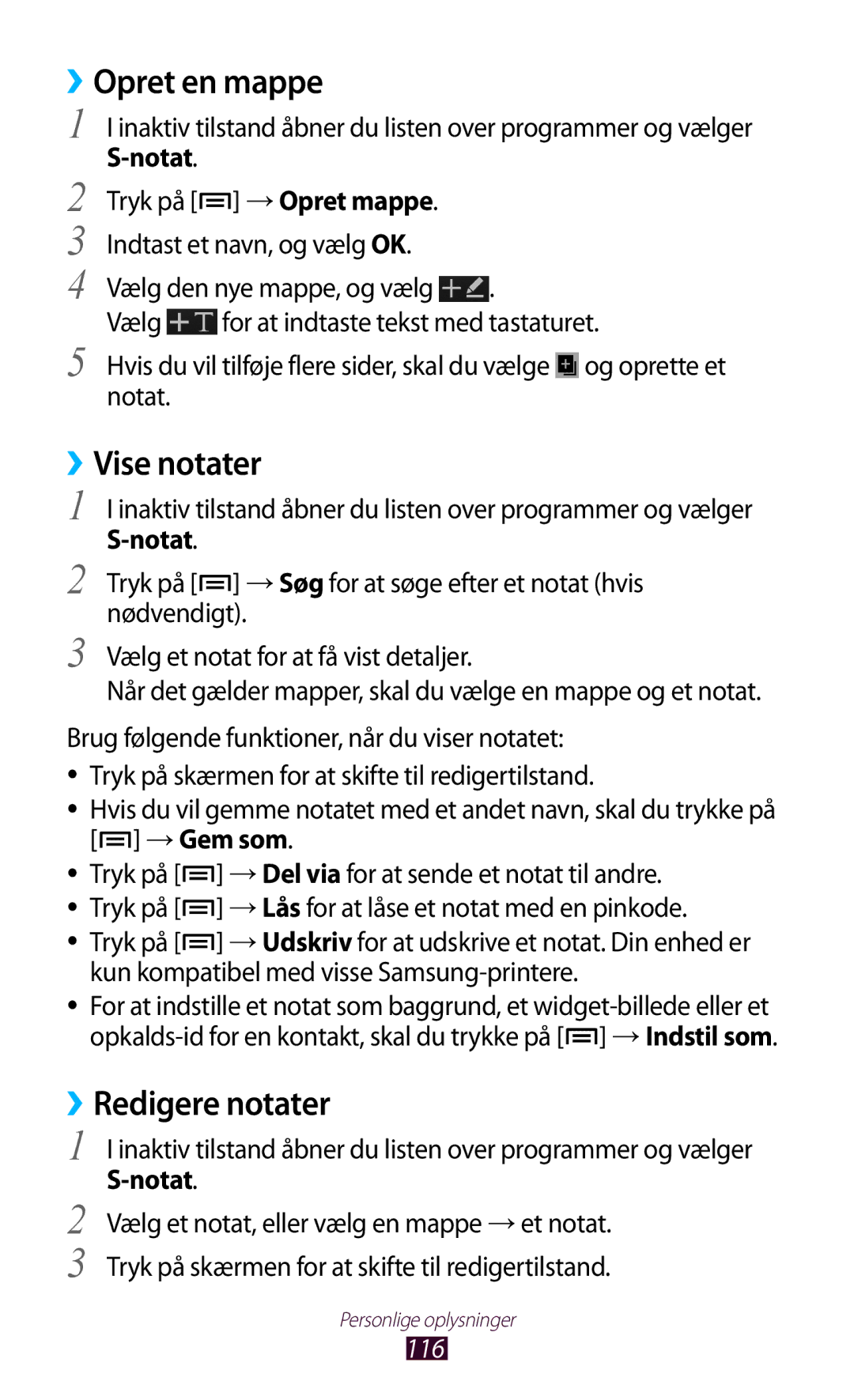 Samsung GT-N7000ZBENEE, GT-N7000ZBANEE, GT-N7000ZIANEE ››Opret en mappe, ››Vise notater, ››Redigere notater, → Gem som, 116 