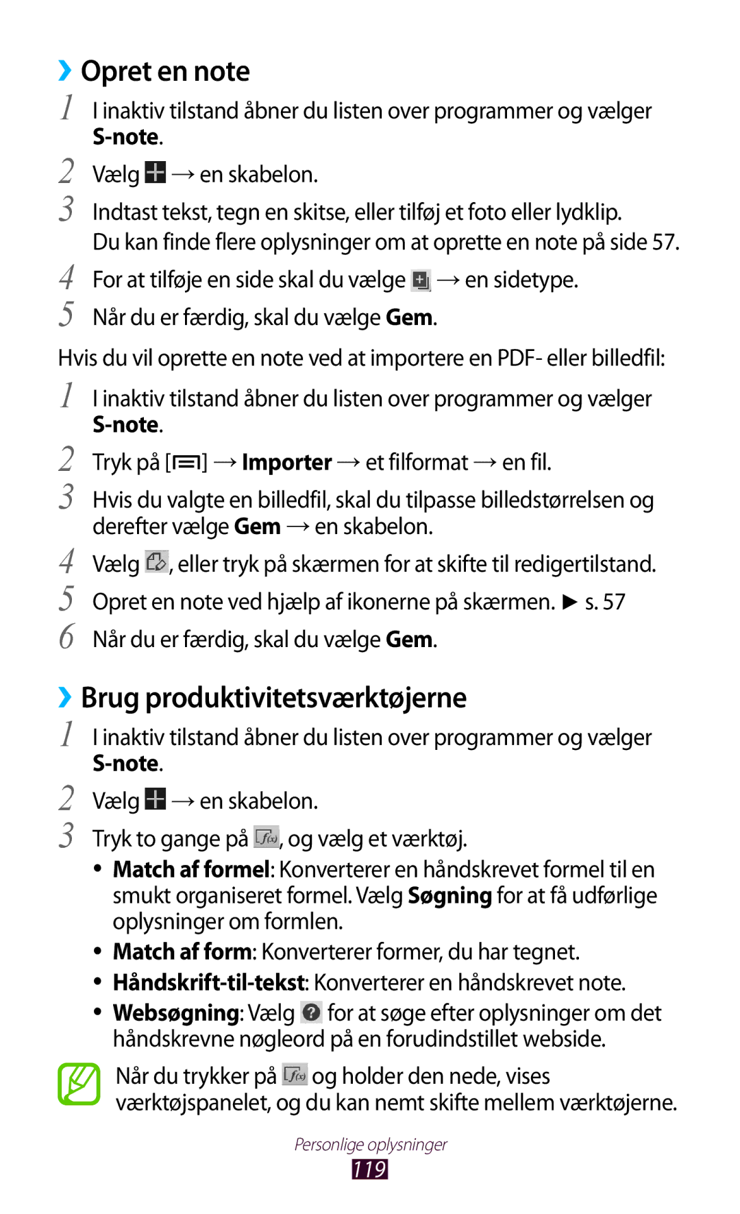 Samsung GT-N7000RWANEE, GT-N7000ZBENEE, GT-N7000ZBANEE manual ››Opret en note, ››Brug produktivitetsværktøjerne, 119 