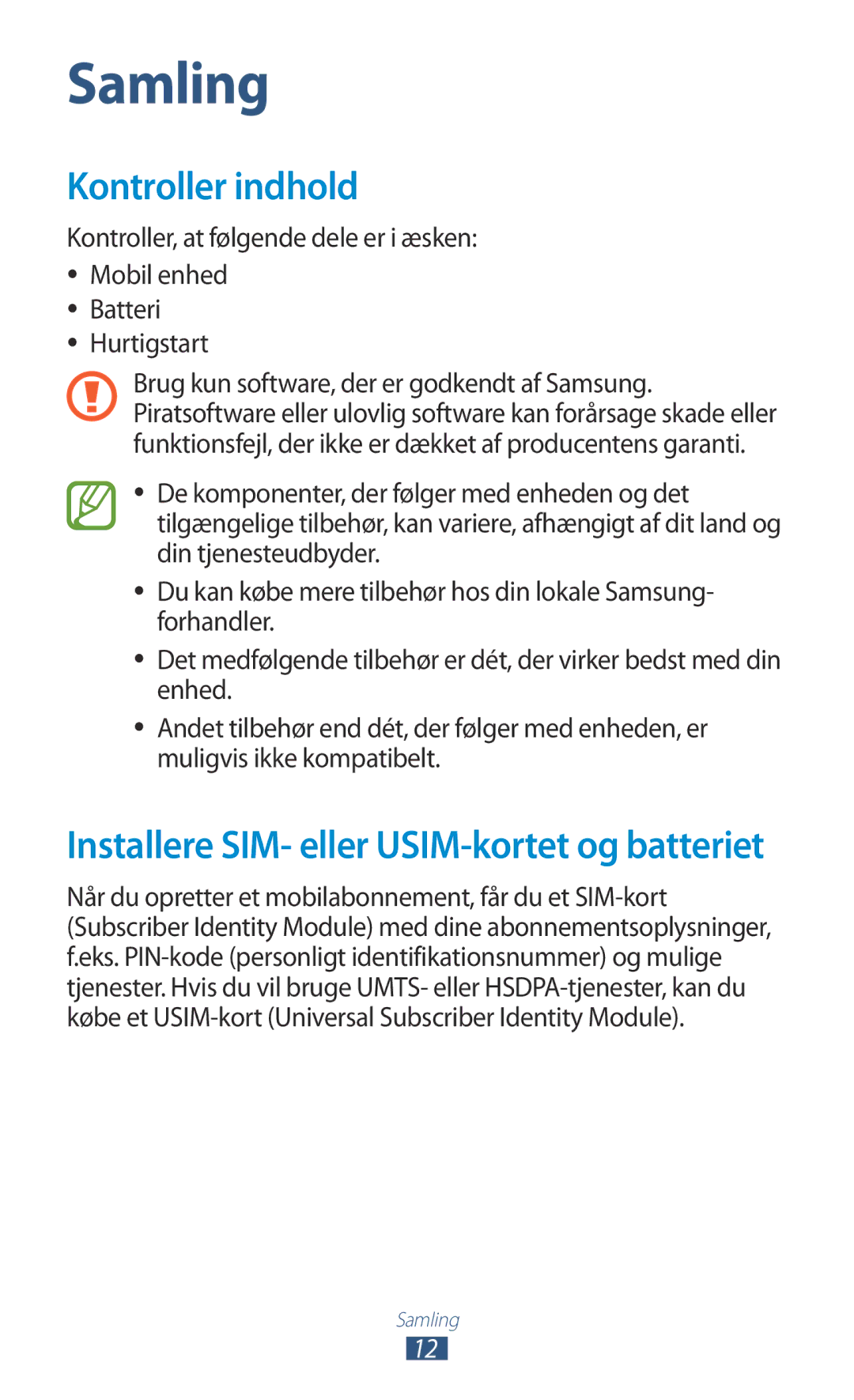 Samsung GT-N7000ZBENEE, GT-N7000ZBANEE, GT-N7000ZIANEE, GT-N7000RWANEE manual Samling, Kontroller indhold 