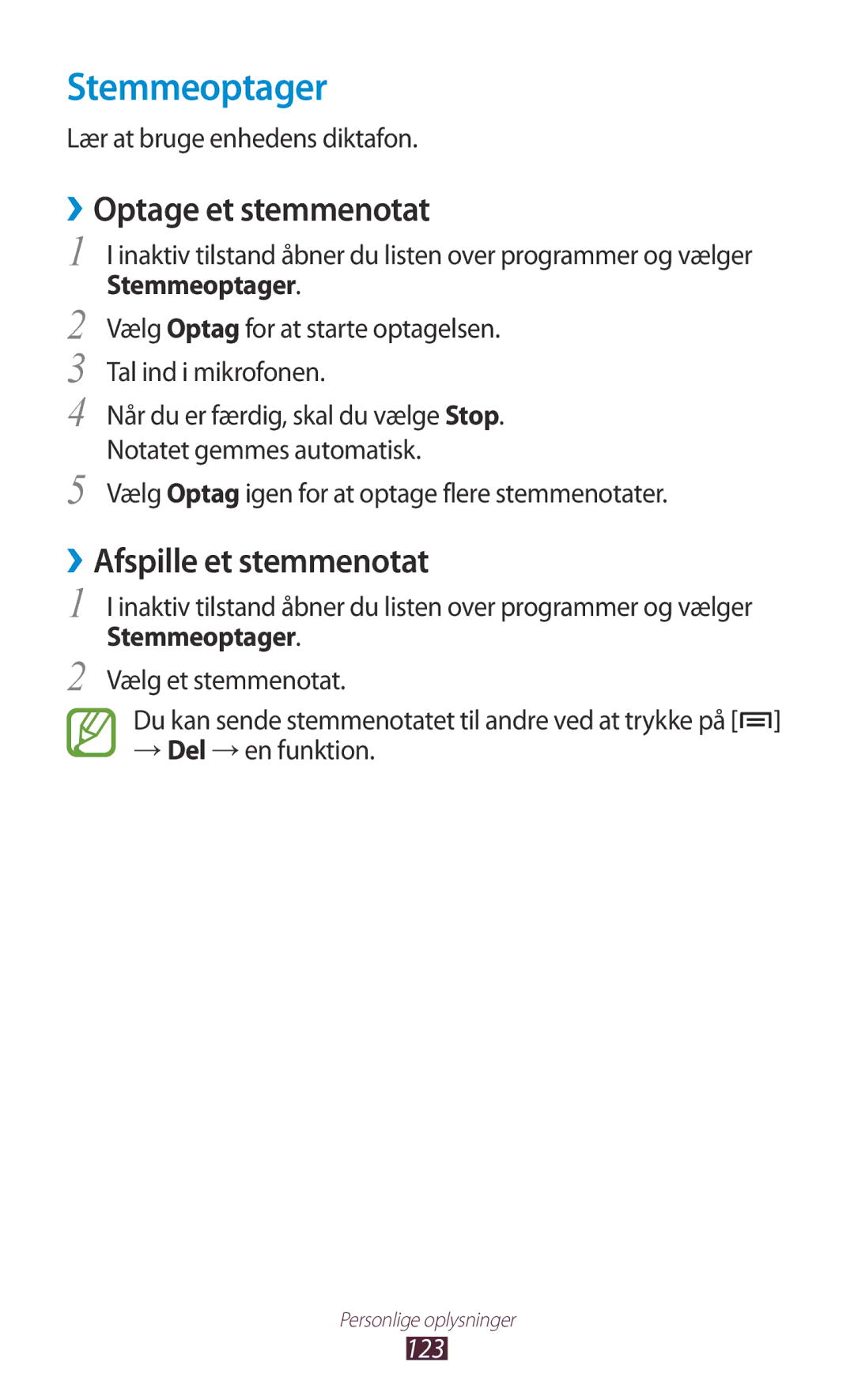 Samsung GT-N7000RWANEE, GT-N7000ZBENEE manual Stemmeoptager, ››Optage et stemmenotat, ››Afspille et stemmenotat, 123 