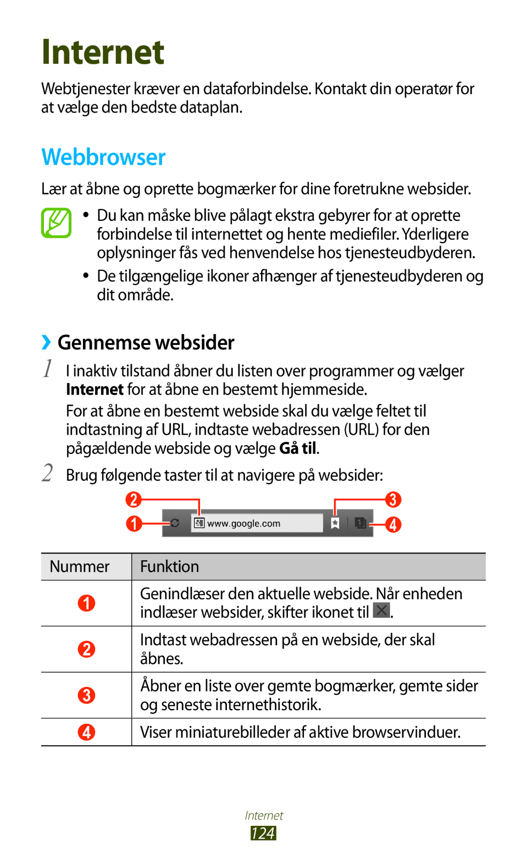 Samsung GT-N7000ZBENEE, GT-N7000ZBANEE, GT-N7000ZIANEE, GT-N7000RWANEE manual Webbrowser, ››Gennemse websider, 124 