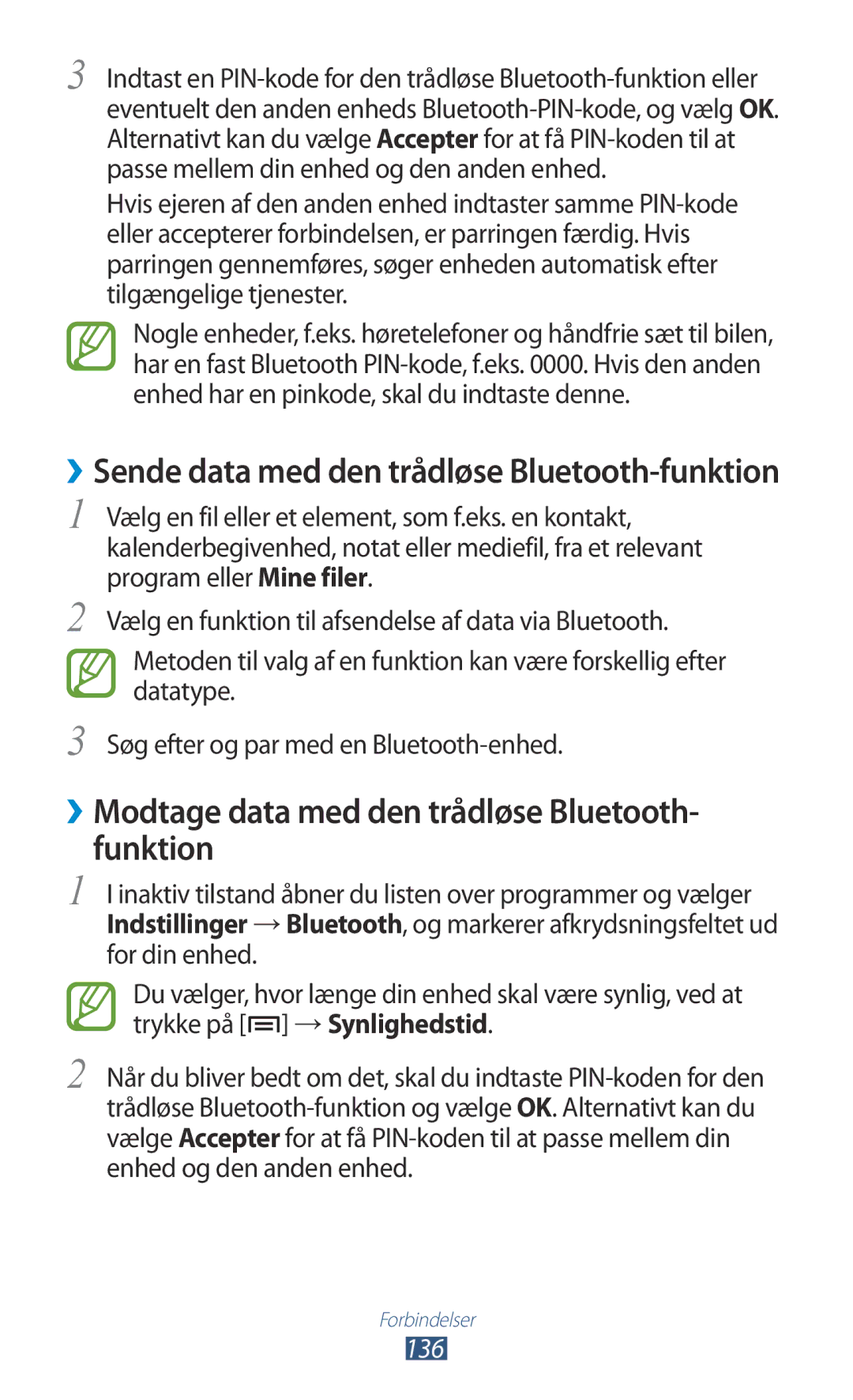 Samsung GT-N7000ZBENEE, GT-N7000ZBANEE, GT-N7000ZIANEE manual ››Modtage data med den trådløse Bluetooth- funktion, 136 