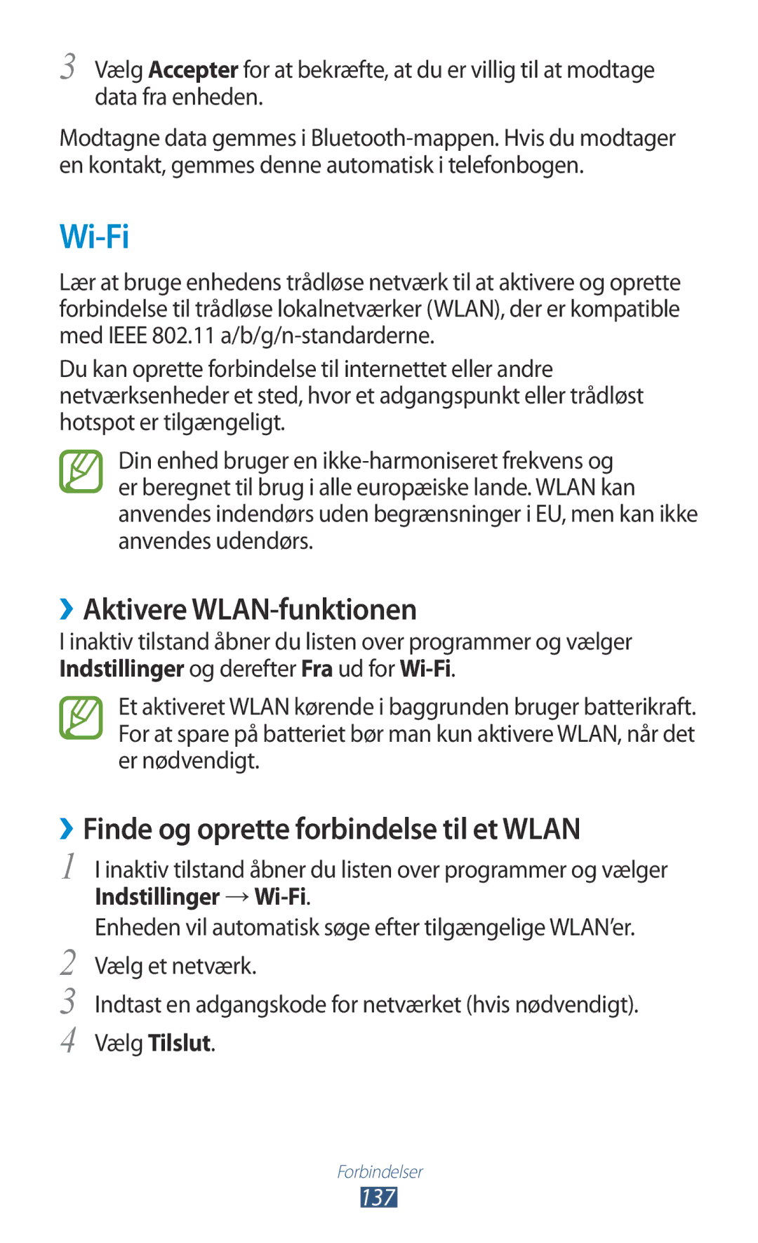 Samsung GT-N7000ZBANEE Wi-Fi, ››Aktivere WLAN-funktionen, ››Finde og oprette forbindelse til et Wlan, Vælg Tilslut, 137 