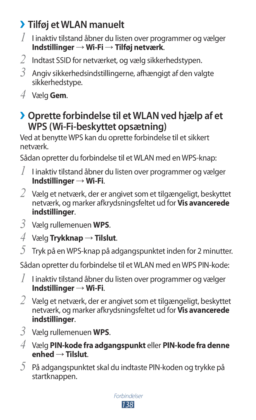 Samsung GT-N7000ZIANEE manual ››Tilføj et Wlan manuelt, WPS Wi-Fi-beskyttet opsætning, Vælg Trykknap → Tilslut, 138 