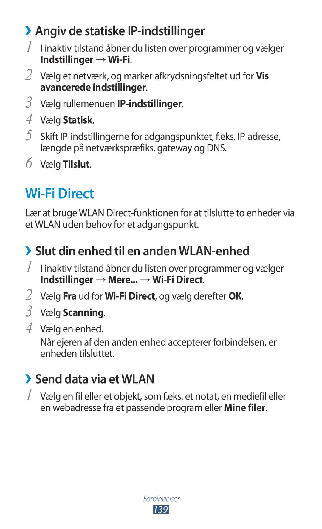 Samsung GT-N7000RWANEE manual Wi-Fi Direct, ››Angiv de statiske IP-indstillinger, ››Slut din enhed til en anden WLAN-enhed 