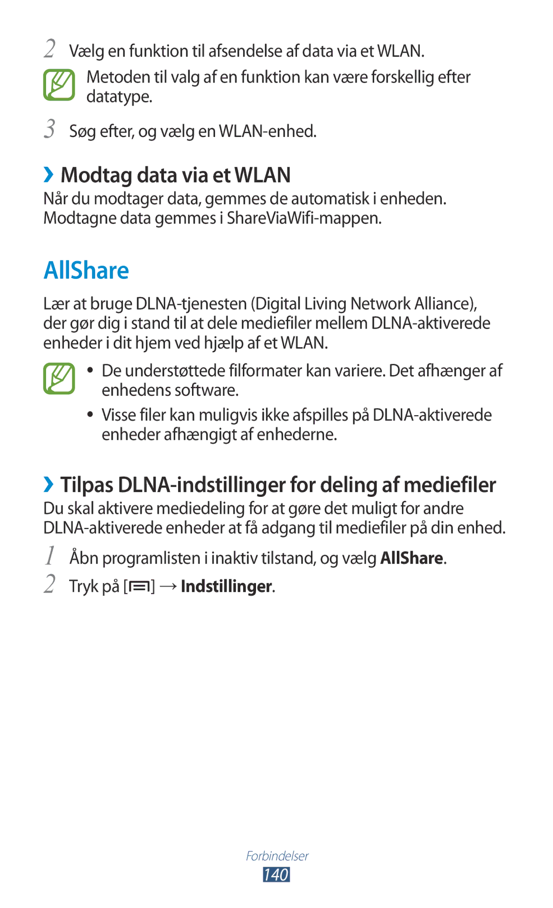 Samsung GT-N7000ZBENEE, GT-N7000ZBANEE, GT-N7000ZIANEE, GT-N7000RWANEE manual AllShare, ››Modtag data via et Wlan, 140 