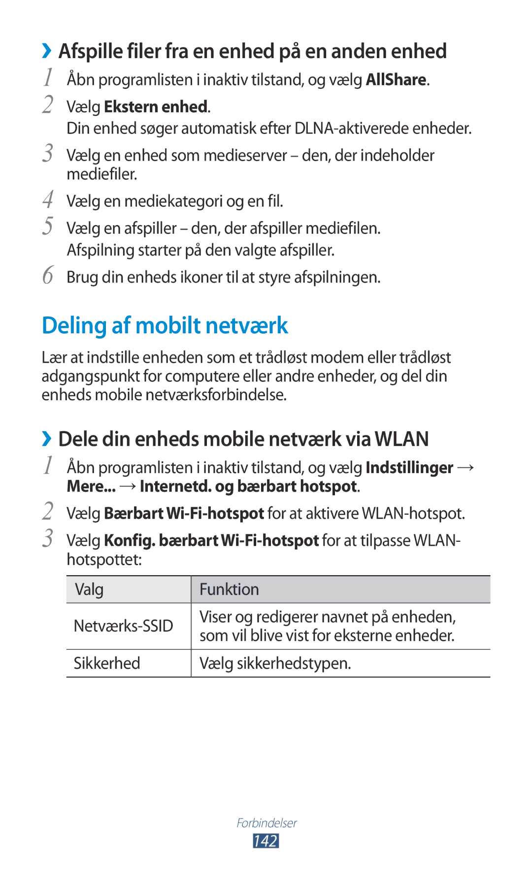 Samsung GT-N7000ZIANEE manual Deling af mobilt netværk, ››Afspille filer fra en enhed på en anden enhed, Vælg Ekstern enhed 