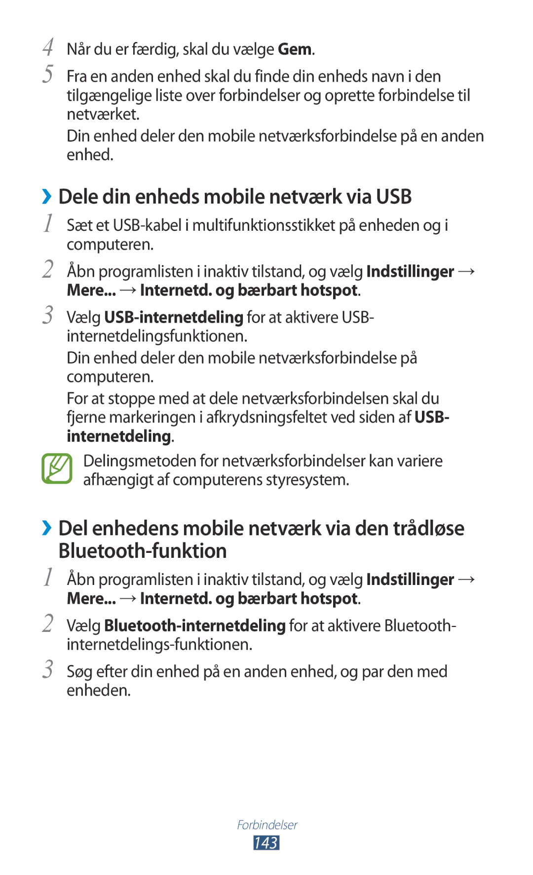 Samsung GT-N7000RWANEE, GT-N7000ZBENEE, GT-N7000ZBANEE ››Dele din enheds mobile netværk via USB, Bluetooth-funktion, 143 