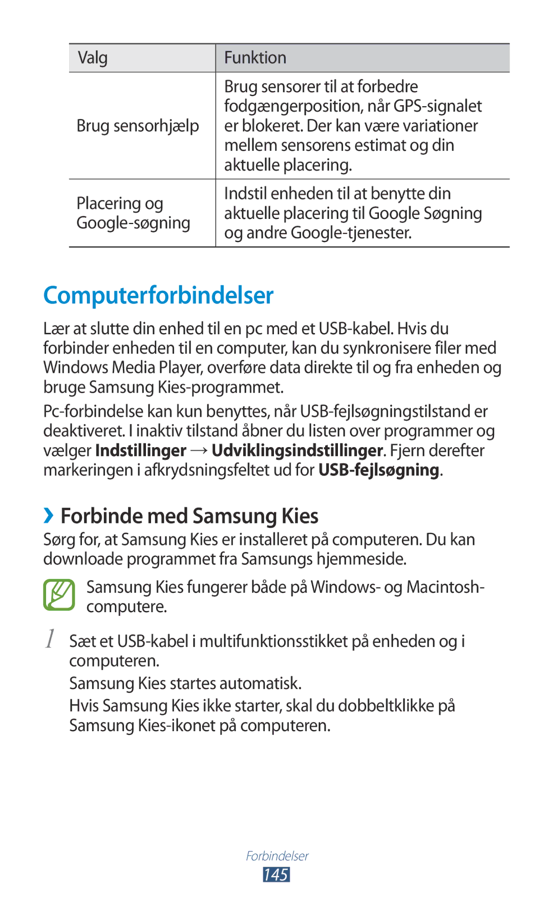 Samsung GT-N7000ZBANEE, GT-N7000ZBENEE, GT-N7000ZIANEE manual Computerforbindelser, ››Forbinde med Samsung Kies, 145 