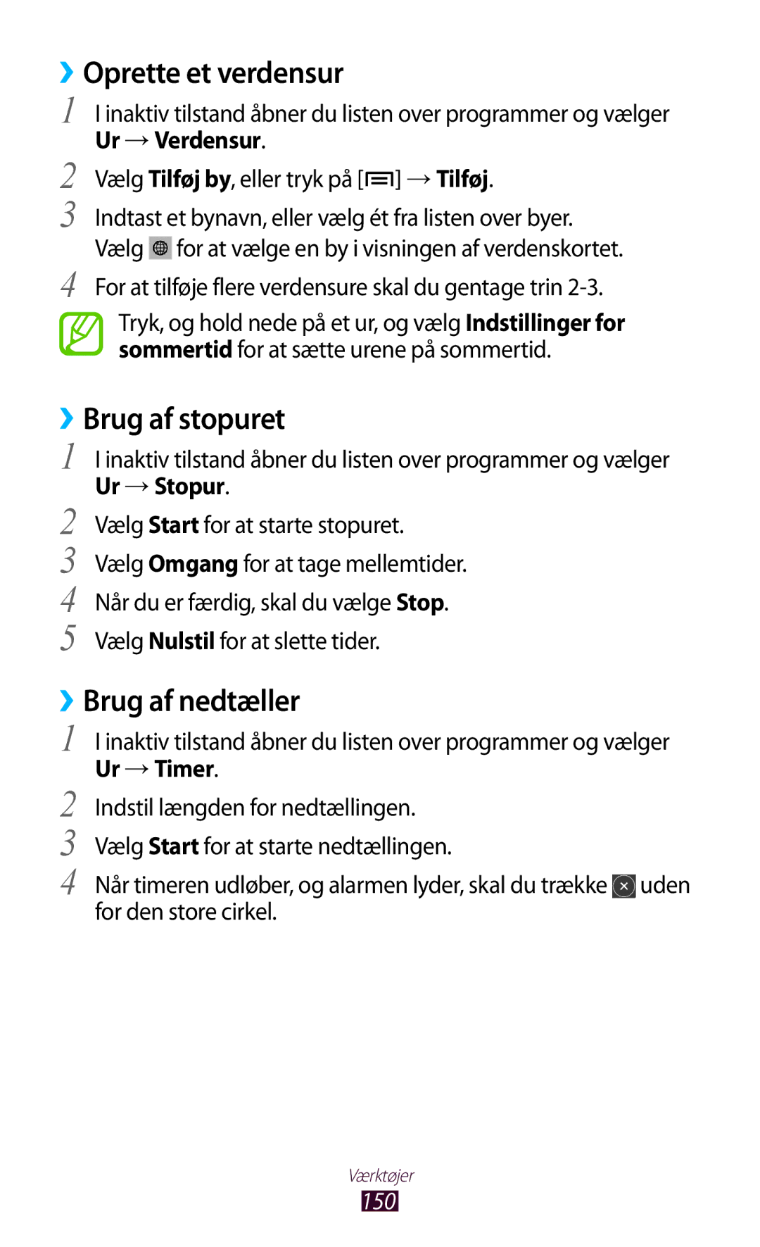 Samsung GT-N7000ZIANEE, GT-N7000ZBENEE, GT-N7000ZBANEE ››Oprette et verdensur, ››Brug af stopuret, ››Brug af nedtæller, 150 