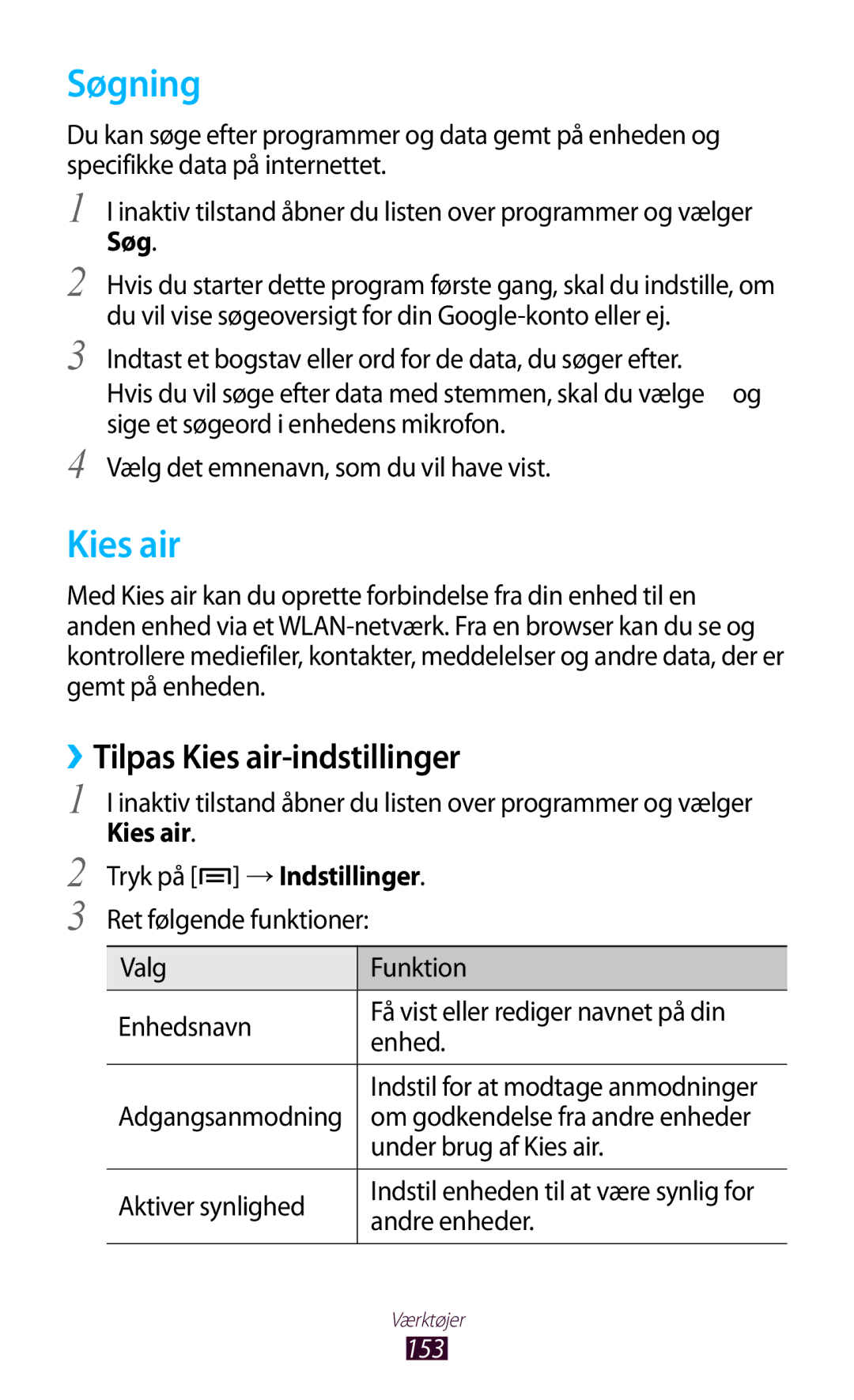 Samsung GT-N7000ZBANEE, GT-N7000ZBENEE, GT-N7000ZIANEE, GT-N7000RWANEE Søgning, ››Tilpas Kies air-indstillinger, 153 