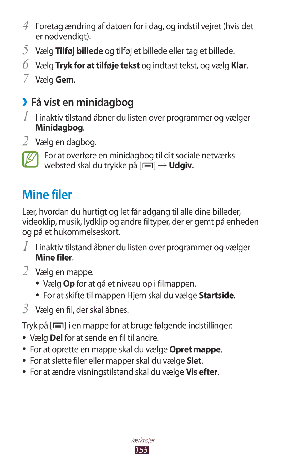 Samsung GT-N7000RWANEE Mine filer, ››Få vist en minidagbog, For at ændre visningstilstand skal du vælge Vis efter, 155 