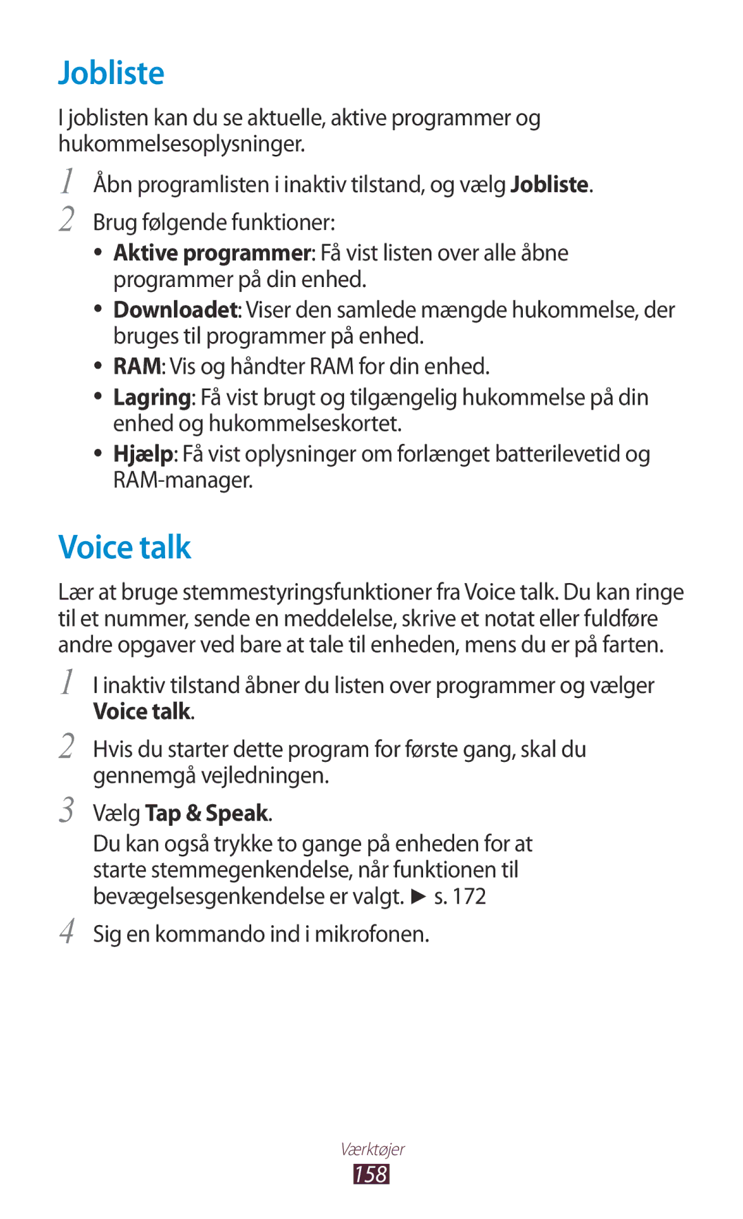 Samsung GT-N7000ZIANEE, GT-N7000ZBENEE manual Jobliste, Voice talk, Vælg Tap & Speak, Sig en kommando ind i mikrofonen, 158 