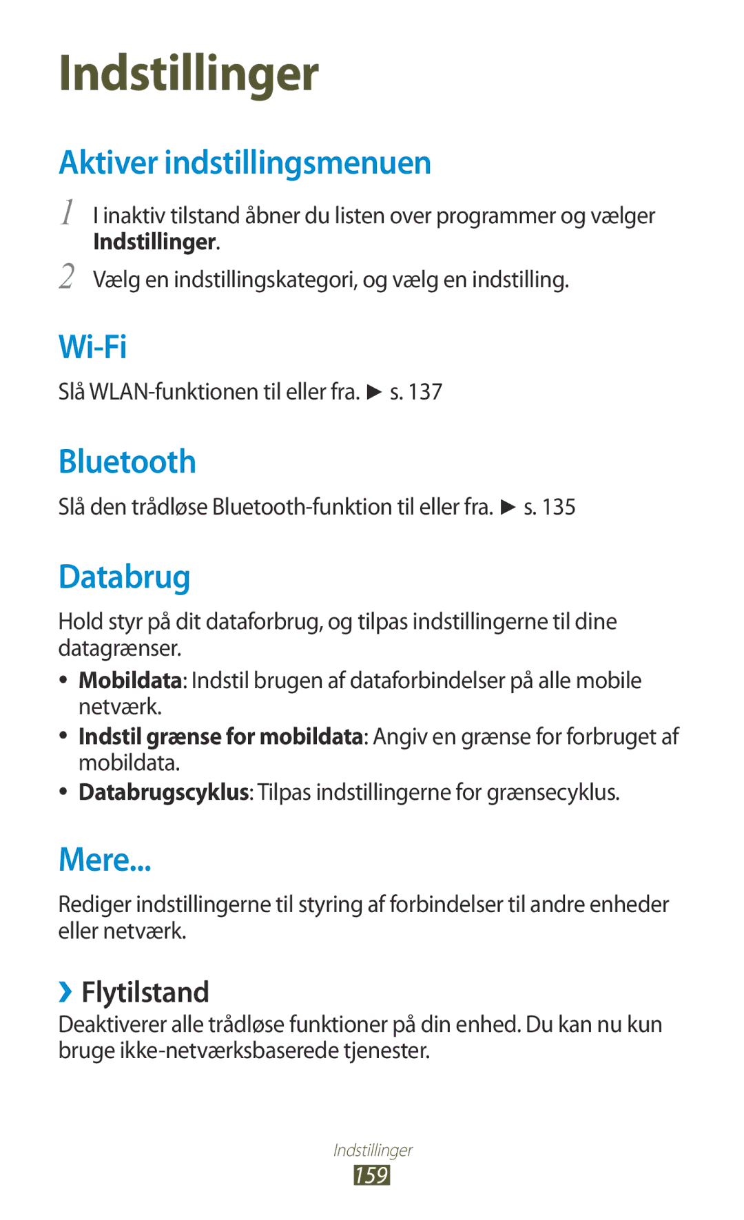 Samsung GT-N7000RWANEE, GT-N7000ZBENEE, GT-N7000ZBANEE manual Aktiver indstillingsmenuen, Databrug, Mere, ››Flytilstand, 159 