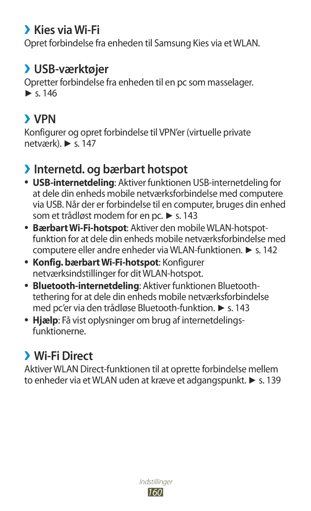 Samsung GT-N7000ZBENEE manual ››Kies via Wi-Fi, ››USB-værktøjer, ››Internetd. og bærbart hotspot, ››Wi-Fi Direct, 160 