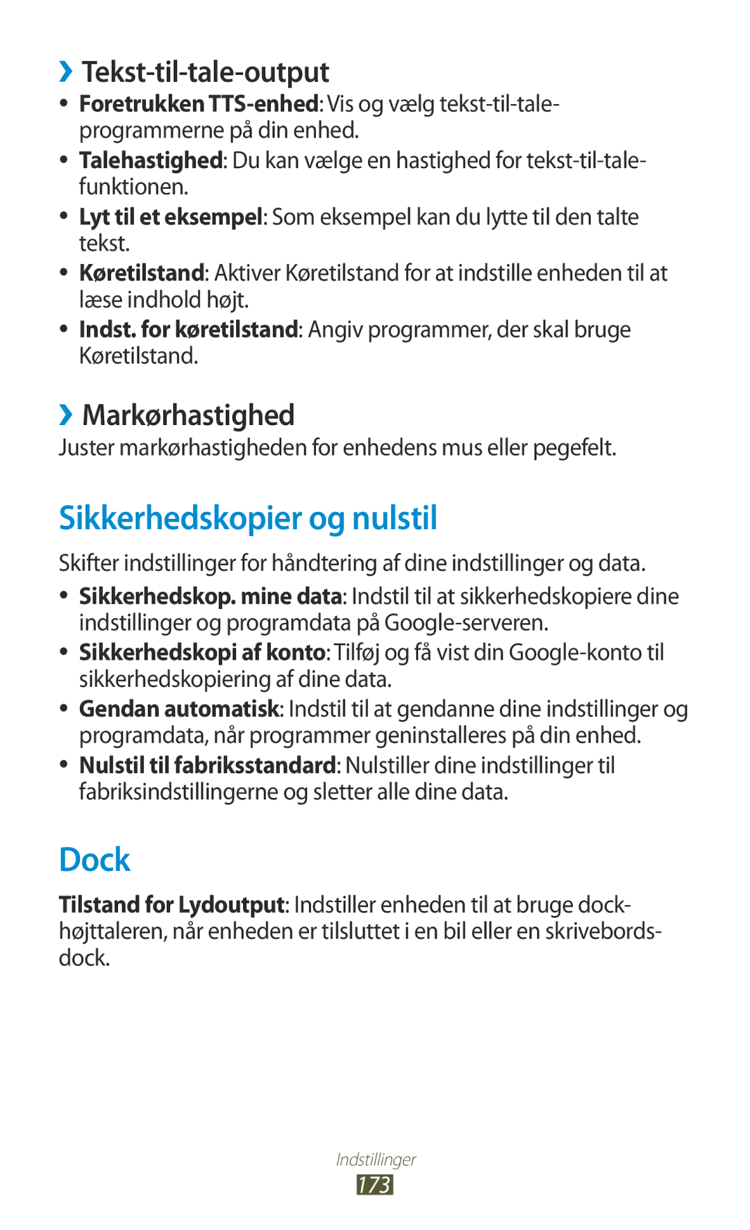 Samsung GT-N7000ZBANEE, GT-N7000ZBENEE Sikkerhedskopier og nulstil, Dock, ››Tekst-til-tale-output, ››Markørhastighed, 173 