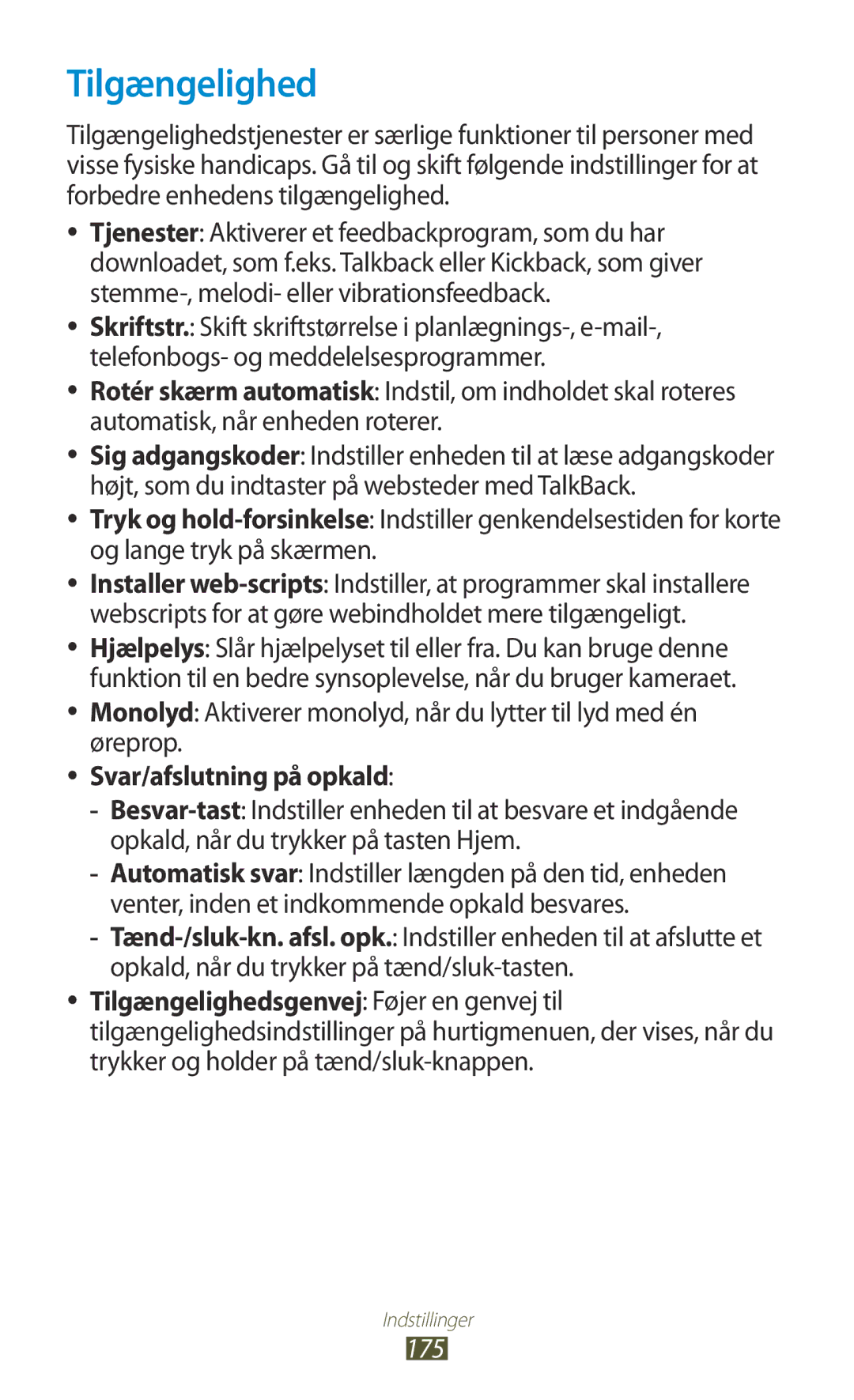 Samsung GT-N7000RWANEE, GT-N7000ZBENEE, GT-N7000ZBANEE, GT-N7000ZIANEE manual Tilgængelighed, Svar/afslutning på opkald, 175 