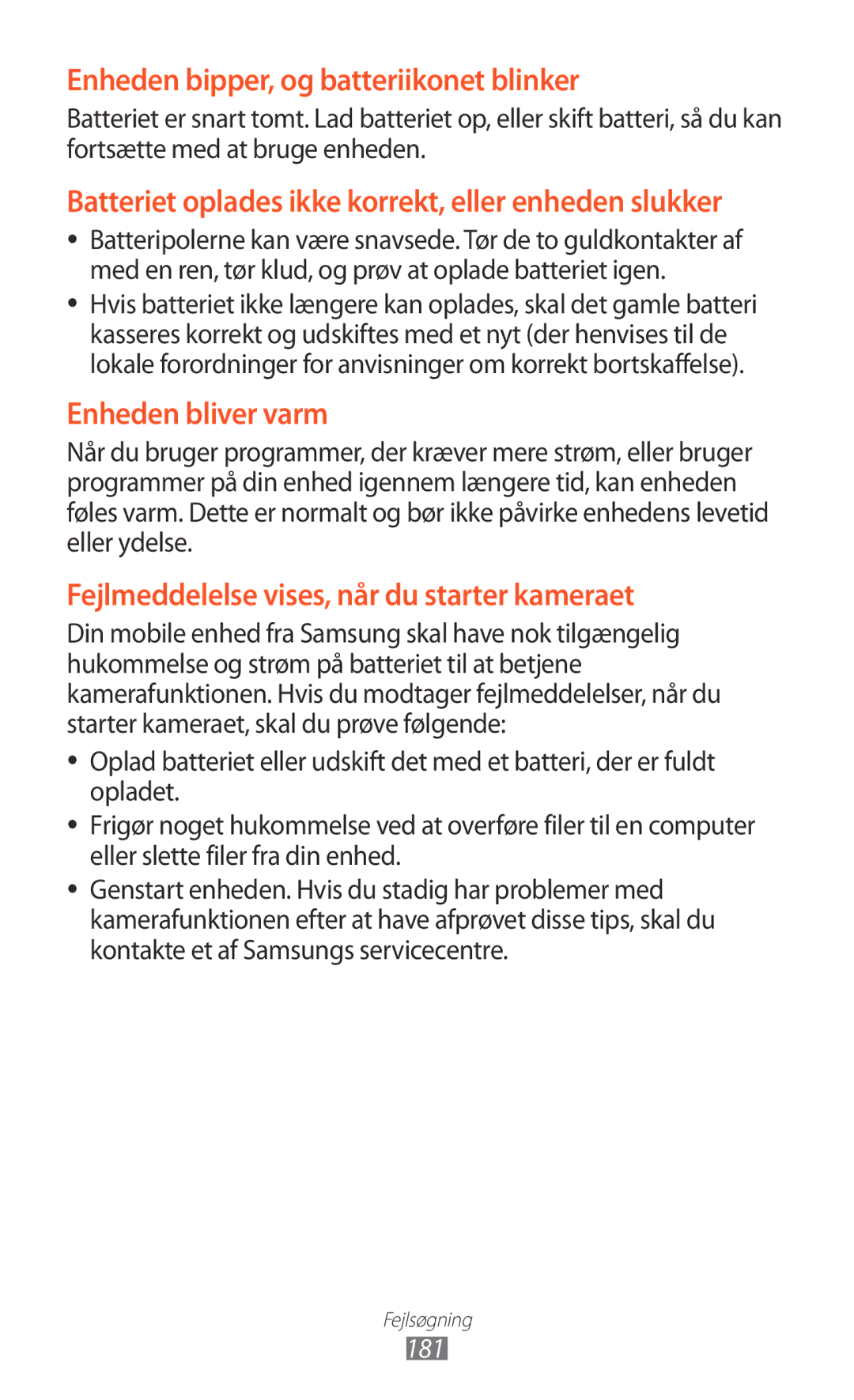 Samsung GT-N7000ZBANEE, GT-N7000ZBENEE, GT-N7000ZIANEE, GT-N7000RWANEE manual Enheden bipper, og batteriikonet blinker, 181 