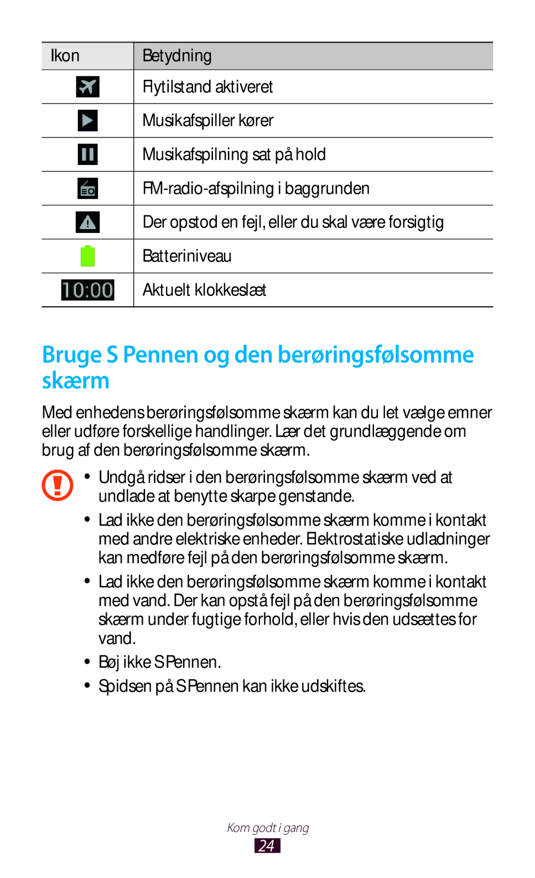 Samsung GT-N7000ZBENEE, GT-N7000ZBANEE, GT-N7000ZIANEE, GT-N7000RWANEE manual Bruge S Pennen og den berøringsfølsomme skærm 