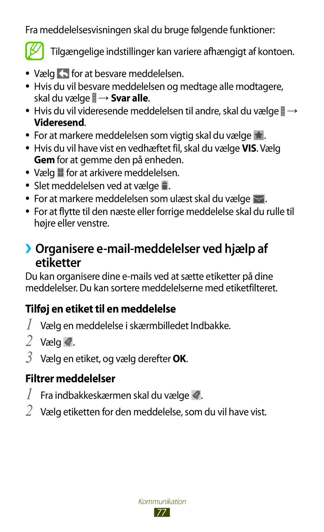 Samsung GT-N7000ZBANEE, GT-N7000ZBENEE manual ››Organisere e-mail-meddelelser ved hjælp af etiketter, Filtrer meddelelser 