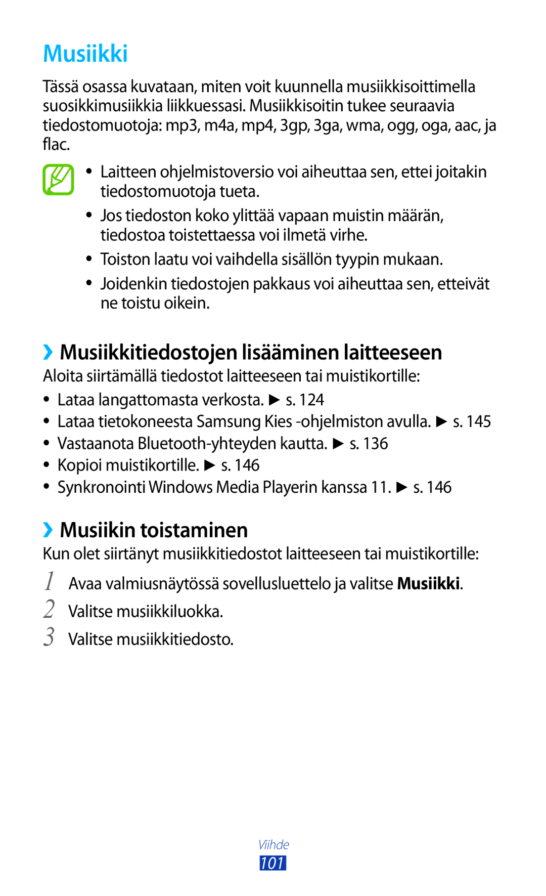 Samsung GT-N7000ZBANEE, GT-N7000ZBENEE manual ››Musiikkitiedostojen lisääminen laitteeseen, ››Musiikin toistaminen, 101 