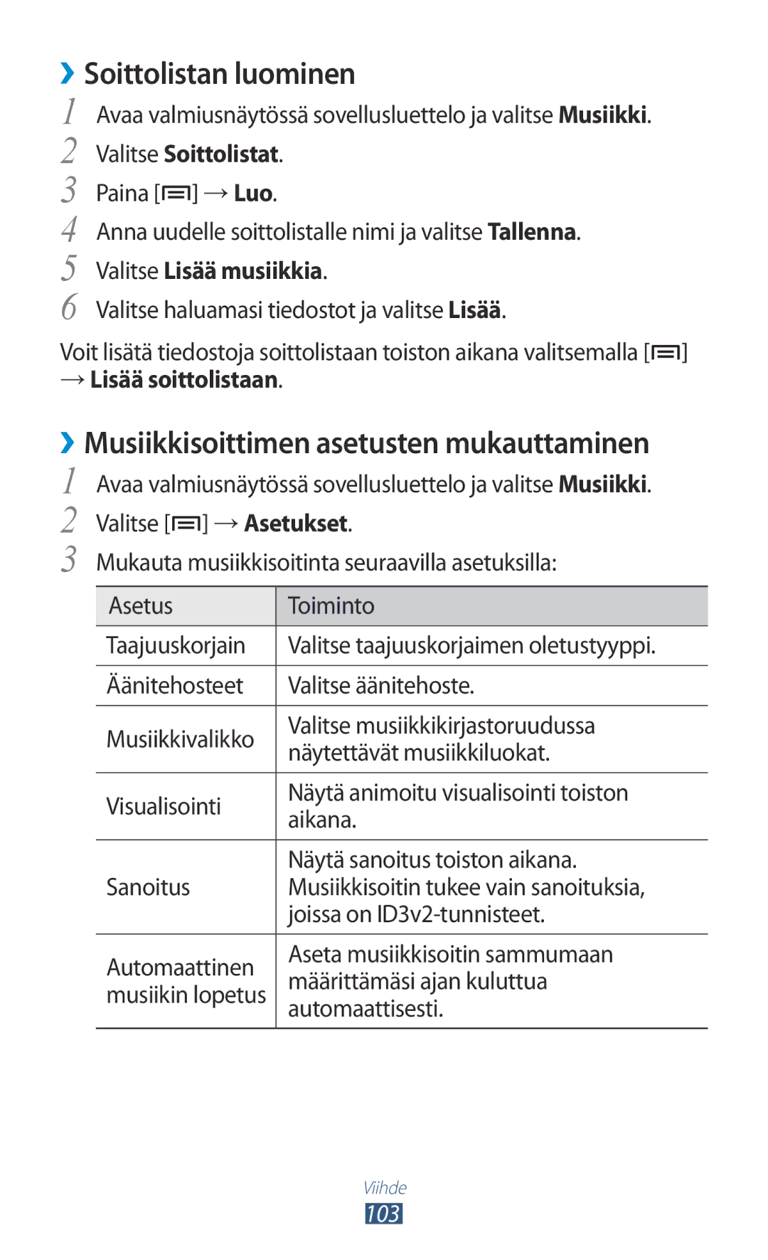 Samsung GT-N7000RWANEE, GT-N7000ZBENEE manual ››Soittolistan luominen, ››Musiikkisoittimen asetusten mukauttaminen, 103 