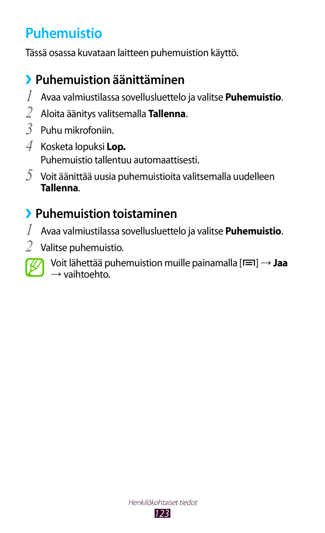 Samsung GT-N7000RWANEE, GT-N7000ZBENEE manual ››Puhemuistion äänittäminen, ››Puhemuistion toistaminen, Tallenna, 123 