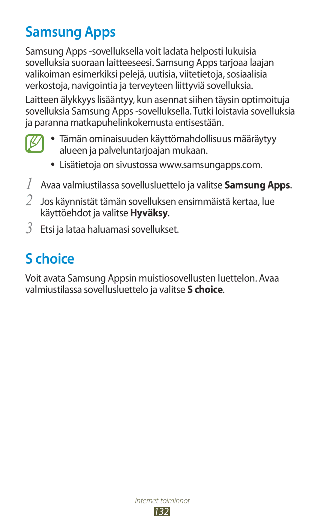 Samsung GT-N7000ZBENEE, GT-N7000ZBANEE, GT-N7000ZIANEE, GT-N7000RWANEE manual Samsung Apps, Choice, 132 