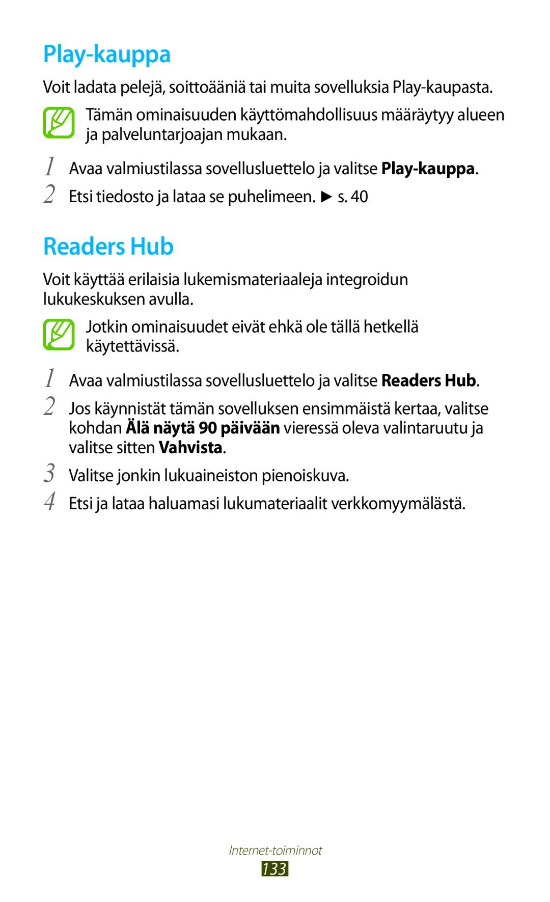Samsung GT-N7000ZBANEE, GT-N7000ZBENEE, GT-N7000ZIANEE, GT-N7000RWANEE manual Play-kauppa, Readers Hub, 133 
