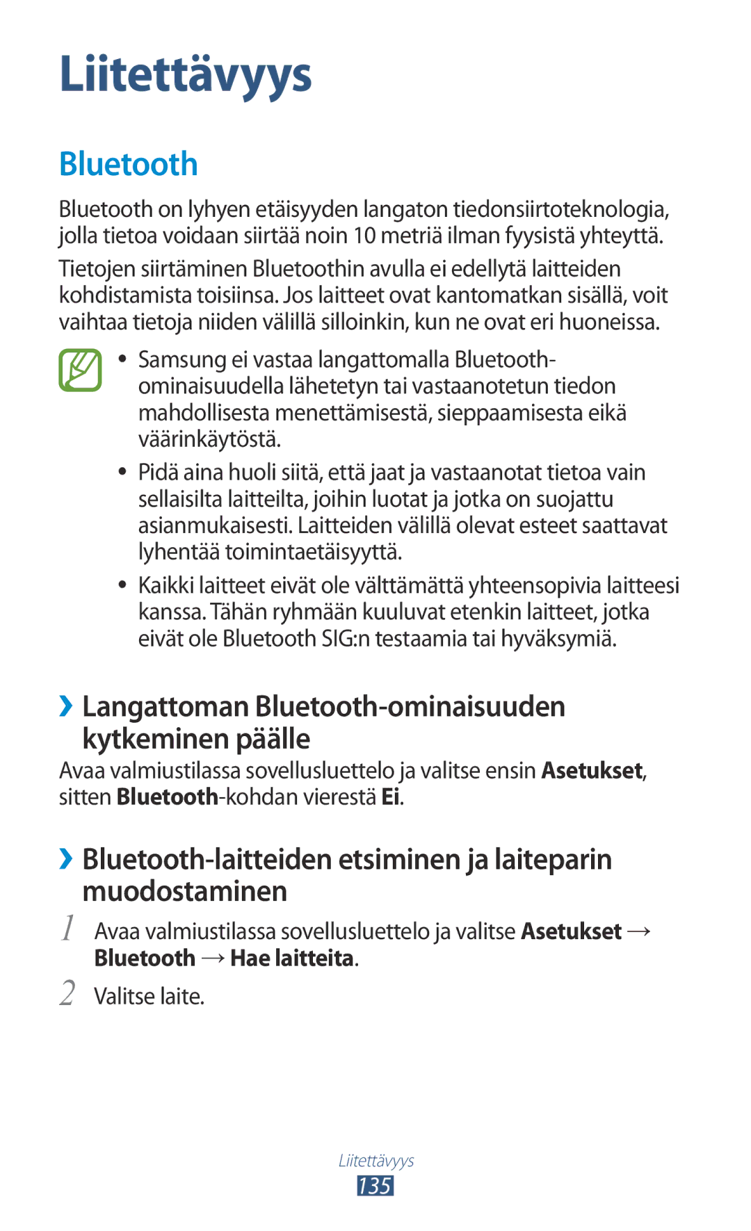 Samsung GT-N7000RWANEE, GT-N7000ZBENEE, GT-N7000ZBANEE manual ››Langattoman Bluetooth-ominaisuuden kytkeminen päälle, 135 