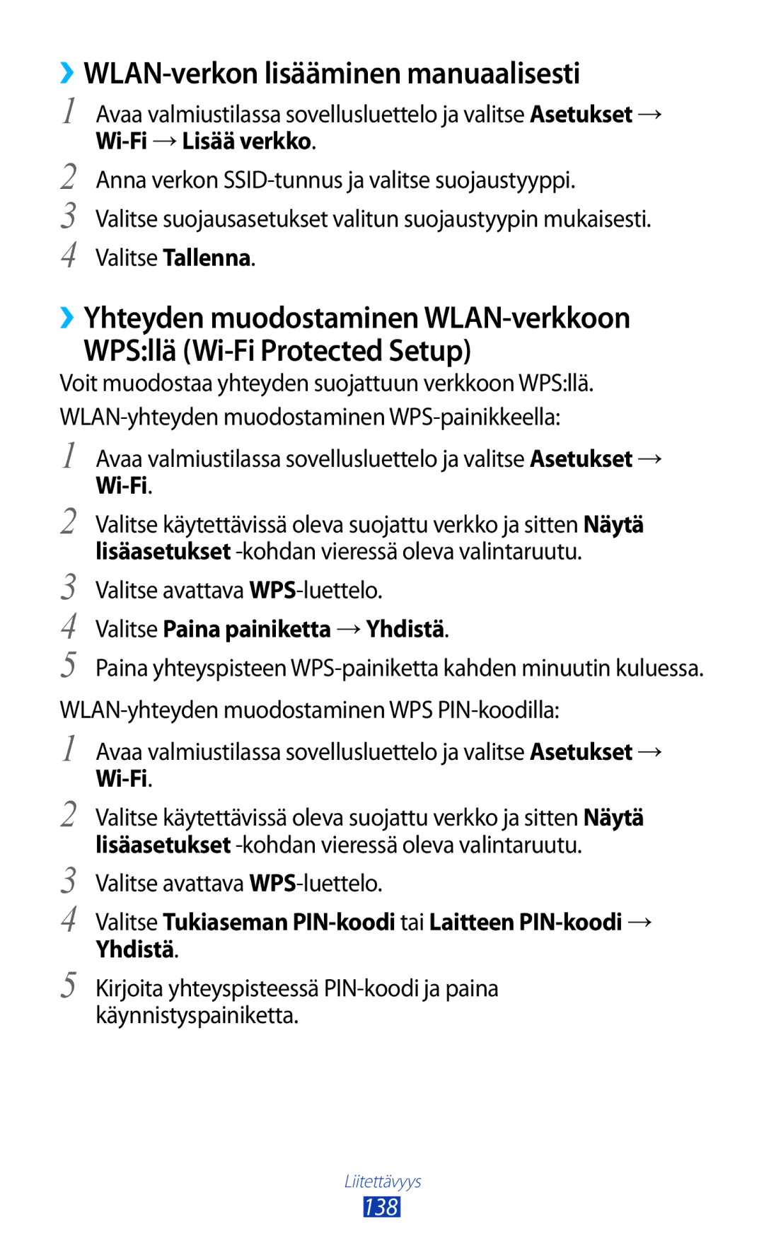 Samsung GT-N7000ZIANEE, GT-N7000ZBENEE manual ››WLAN-verkon lisääminen manuaalisesti, Valitse avattava WPS-luettelo, 138 