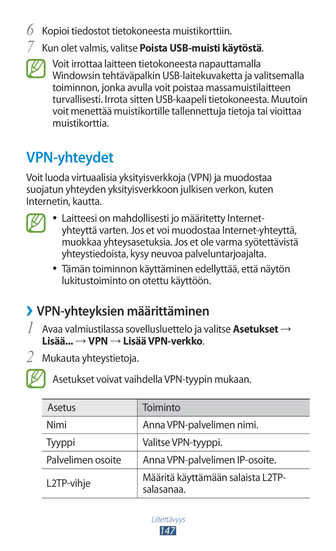 Samsung GT-N7000RWANEE, GT-N7000ZBENEE, GT-N7000ZBANEE manual VPN-yhteydet, ››VPN-yhteyksien määrittäminen, Salasanaa, 147 