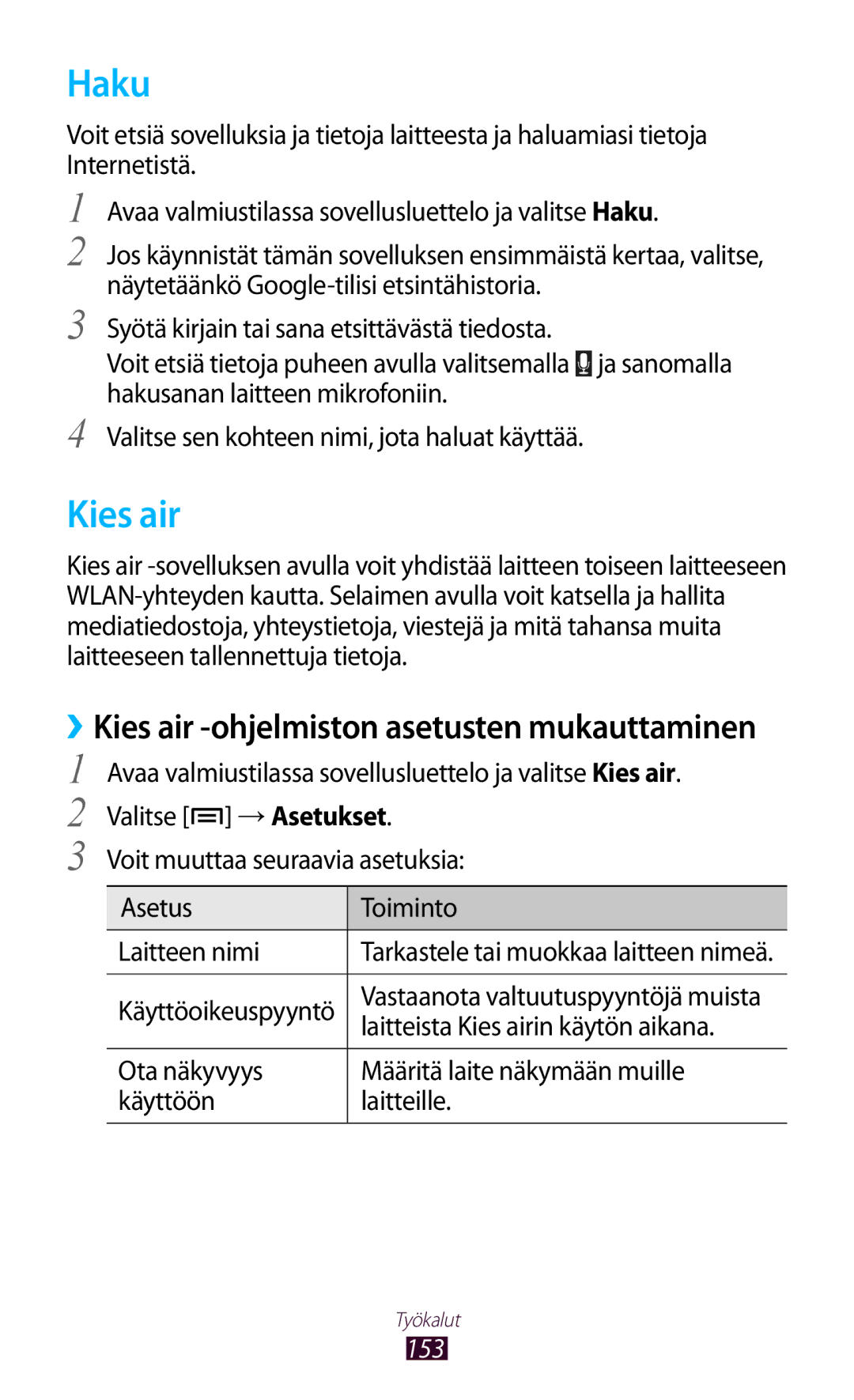 Samsung GT-N7000ZBANEE, GT-N7000ZBENEE, GT-N7000ZIANEE, GT-N7000RWANEE Haku, Laitteista Kies airin käytön aikana, 153 