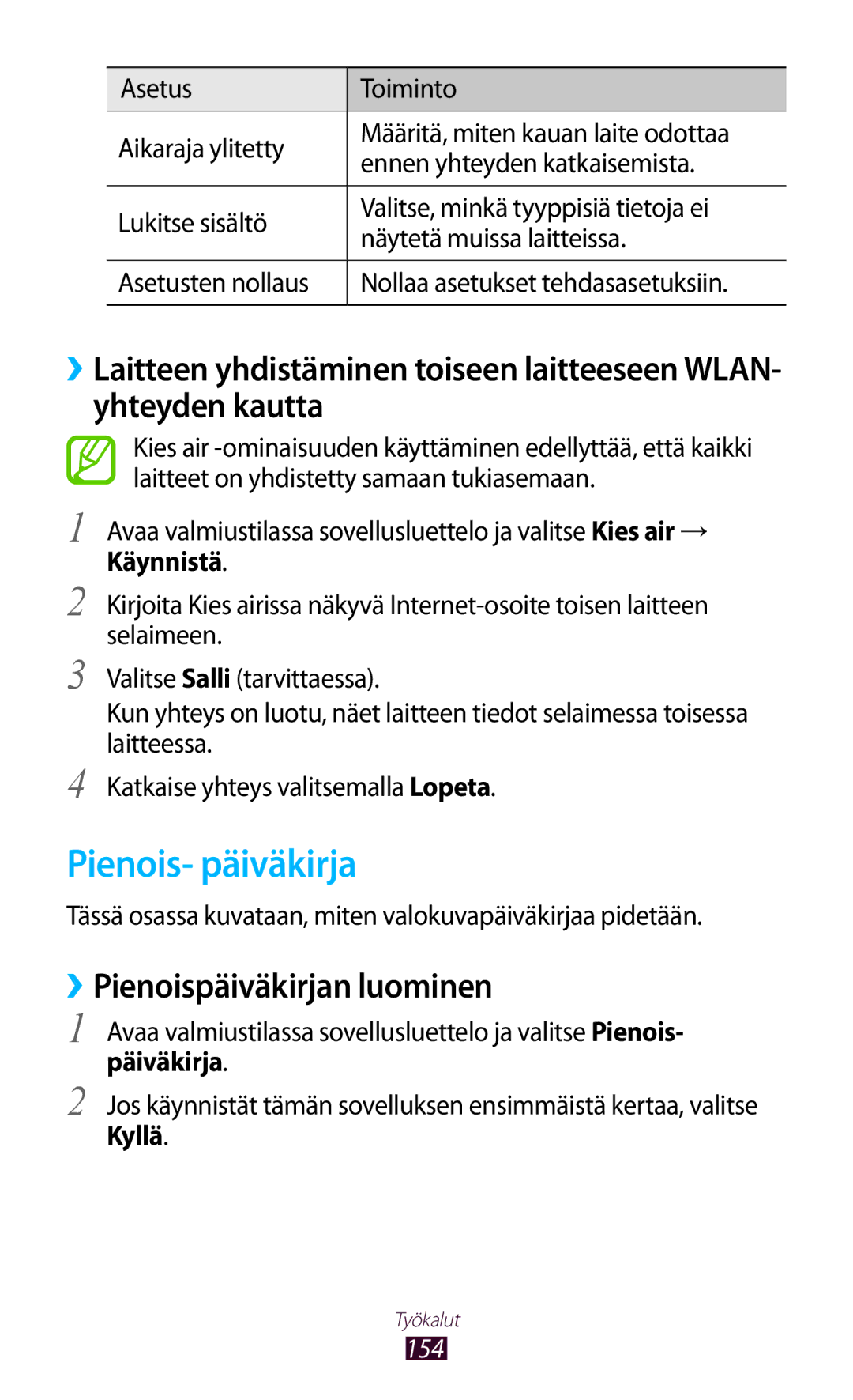 Samsung GT-N7000ZIANEE, GT-N7000ZBENEE, GT-N7000ZBANEE manual Pienois- päiväkirja, ››Pienoispäiväkirjan luominen, Kyllä, 154 