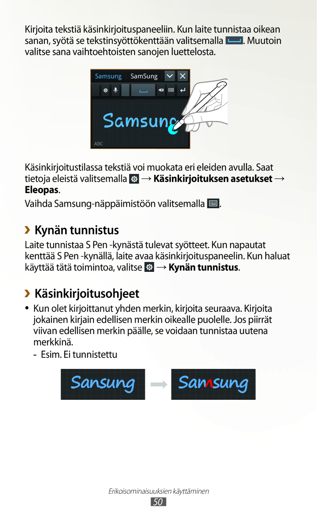 Samsung GT-N7000ZIANEE, GT-N7000ZBENEE, GT-N7000ZBANEE, GT-N7000RWANEE manual ››Kynän tunnistus, ››Käsinkirjoitusohjeet 