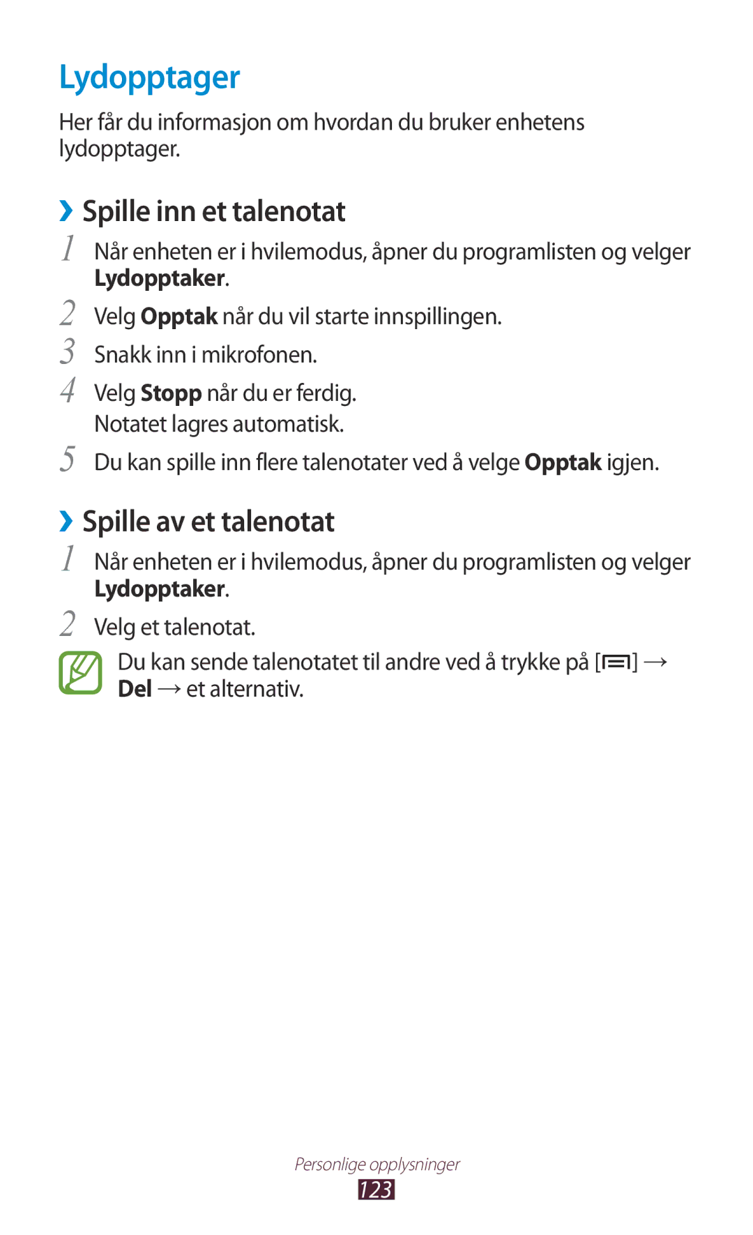 Samsung GT-N7000RWANEE, GT-N7000ZBENEE manual Lydopptager, ››Spille inn et talenotat, ››Spille av et talenotat, 123 